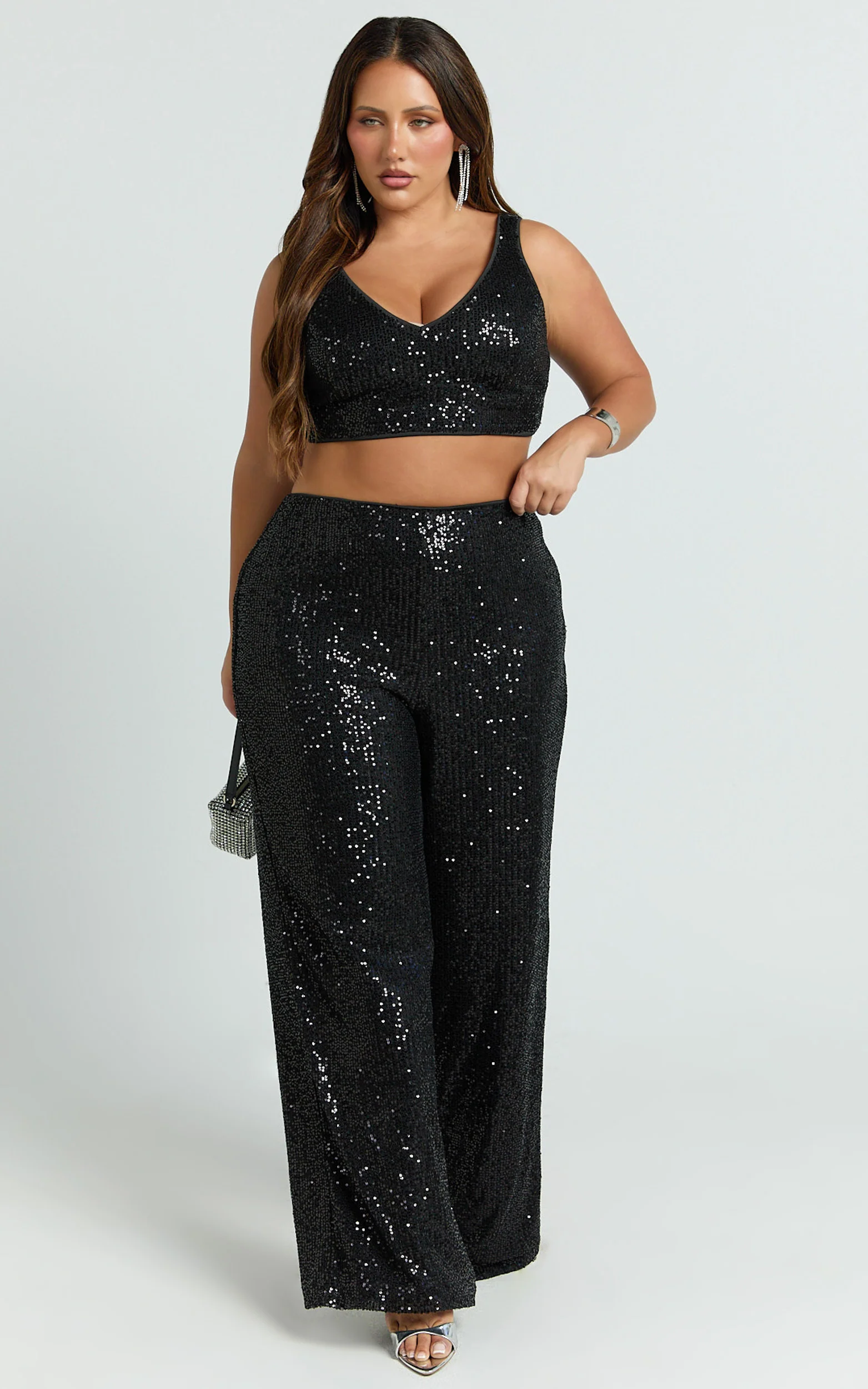 Abela Two Piece Set - Crop Top and Wide Leg Pants Set in Black Sequin - Image 4