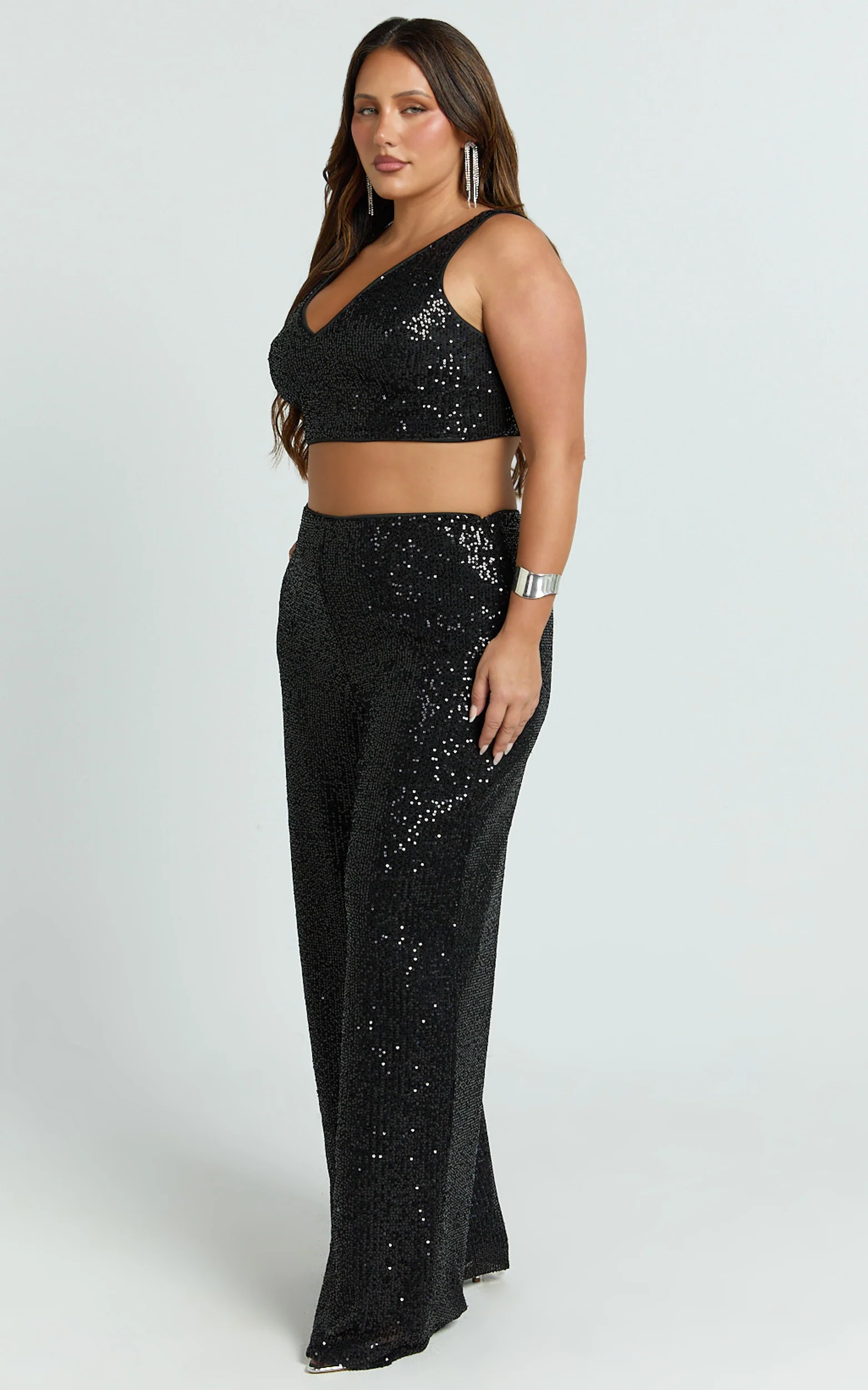 Abela Two Piece Set - Crop Top and Wide Leg Pants Set in Black Sequin - Image 6