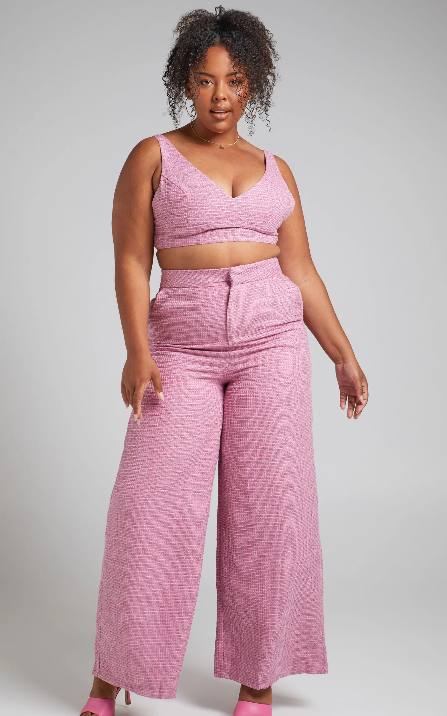 Adelaide Two Piece Set - Crop Top and Wide Leg Pants Set in Pink - Image 3