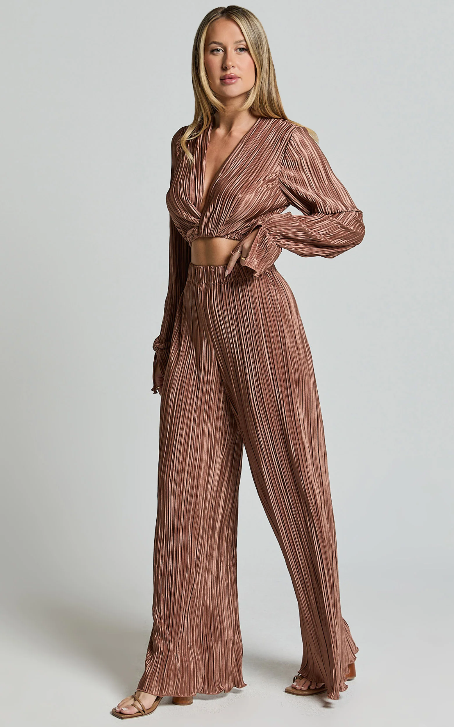 Aluna Two Piece Set - Plisse Twist Front Crop Top and Wide Leg Pants Set in Chocolate - Image 3