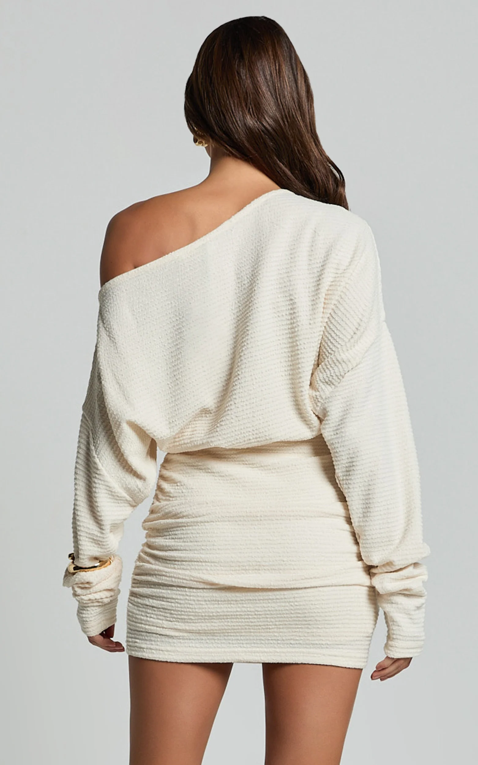 Alyce Mini Dress - Long Sleeve One Shoulder Dress in Off White - Image 6