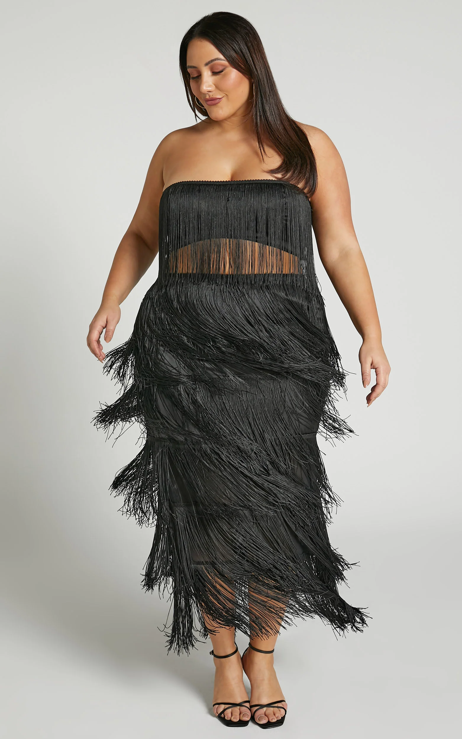 Amalee Two Piece Set - Fringe Strapless Crop Top and Midi Skirt Set in Black - Image 4