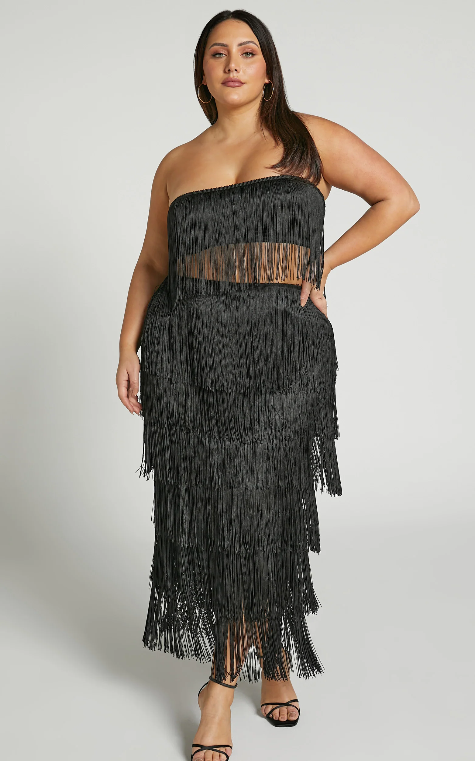 Amalee Two Piece Set - Fringe Strapless Crop Top and Midi Skirt Set in Black - Image 6
