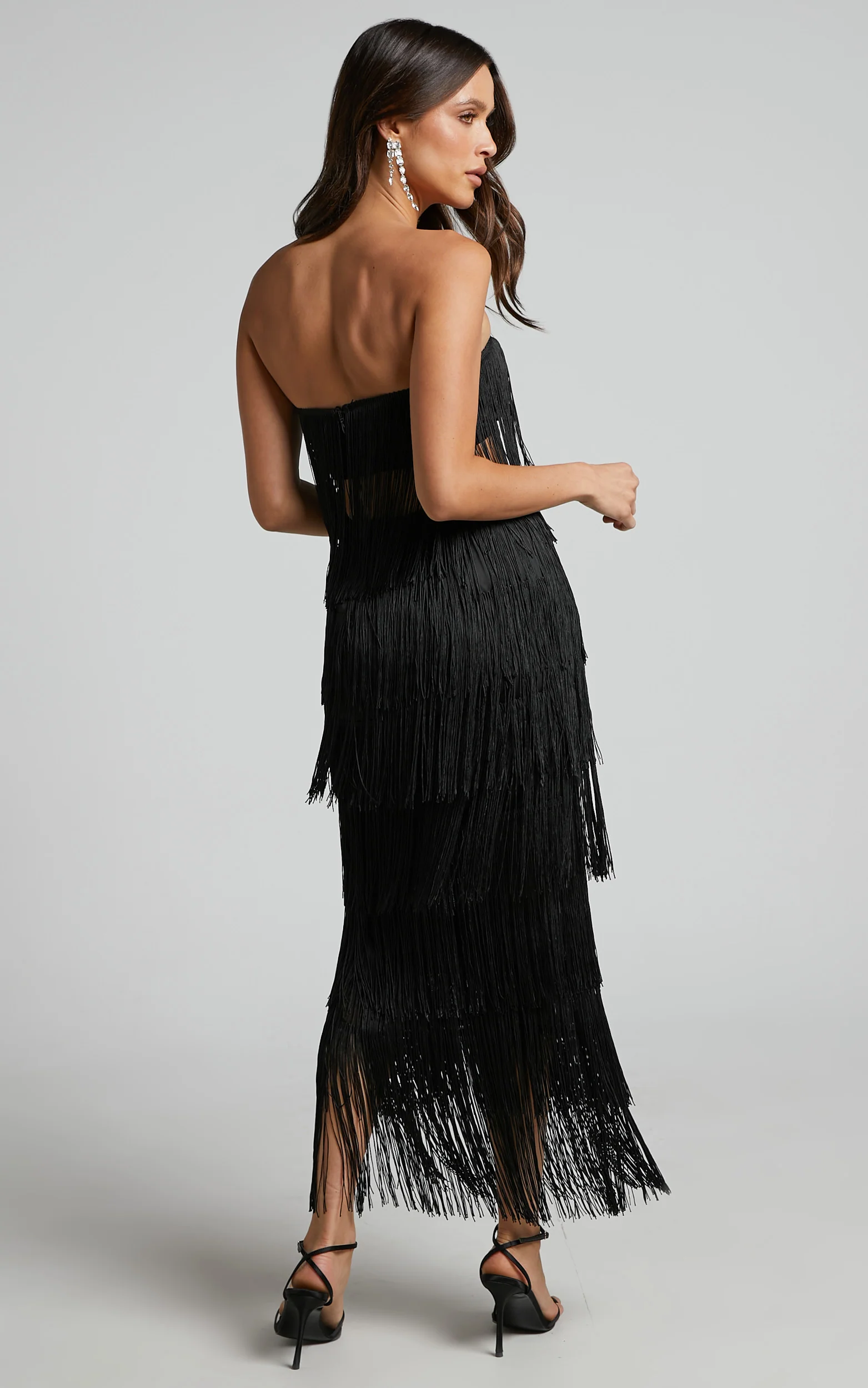 Amalee Two Piece Set - Fringe Strapless Crop Top and Midi Skirt Set in Black - Image 8