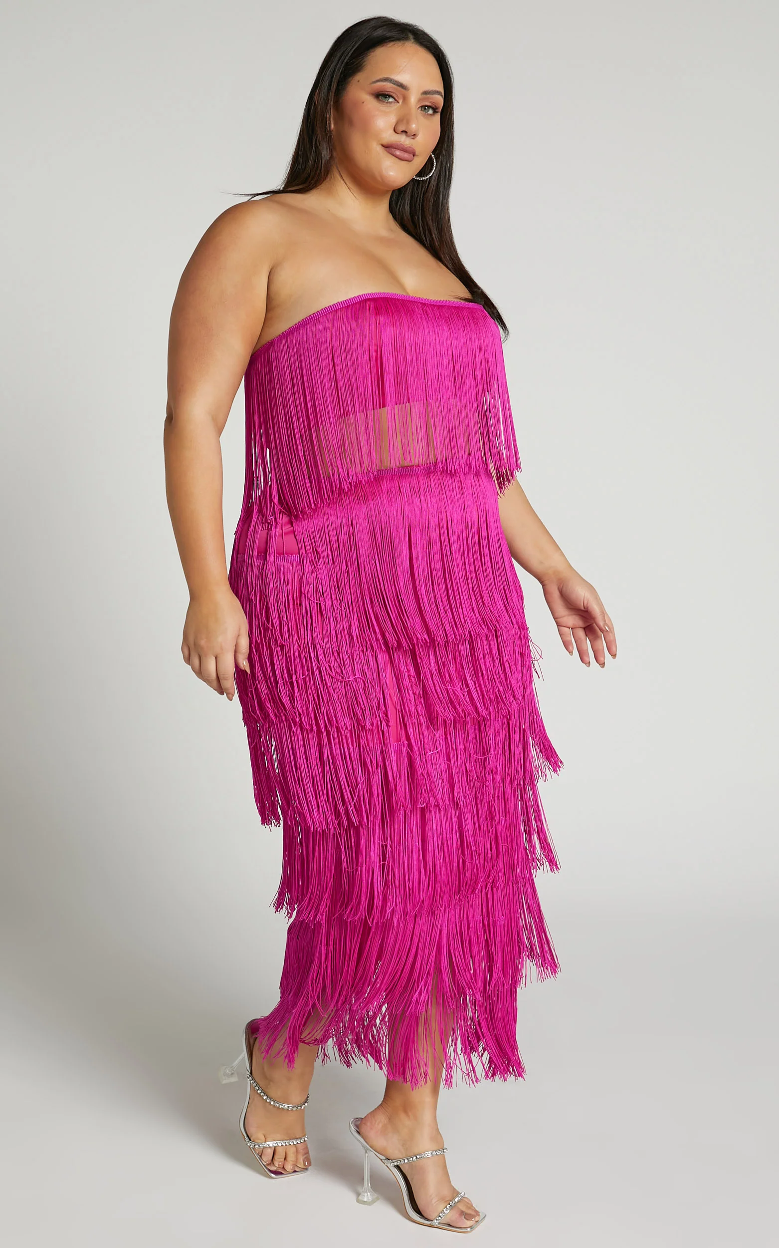 Amalee Two Piece Set - Fringe Strapless Crop Top and Midi Skirt Set in Pink - Image 3