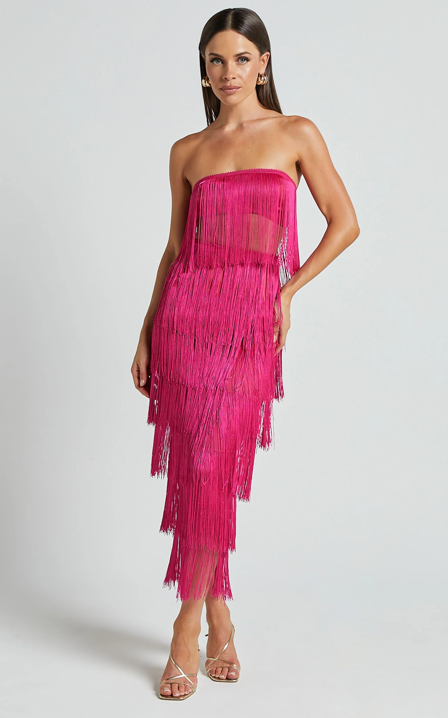 Amalee Two Piece Set - Fringe Strapless Crop Top and Midi Skirt Set in Pink - Image 4