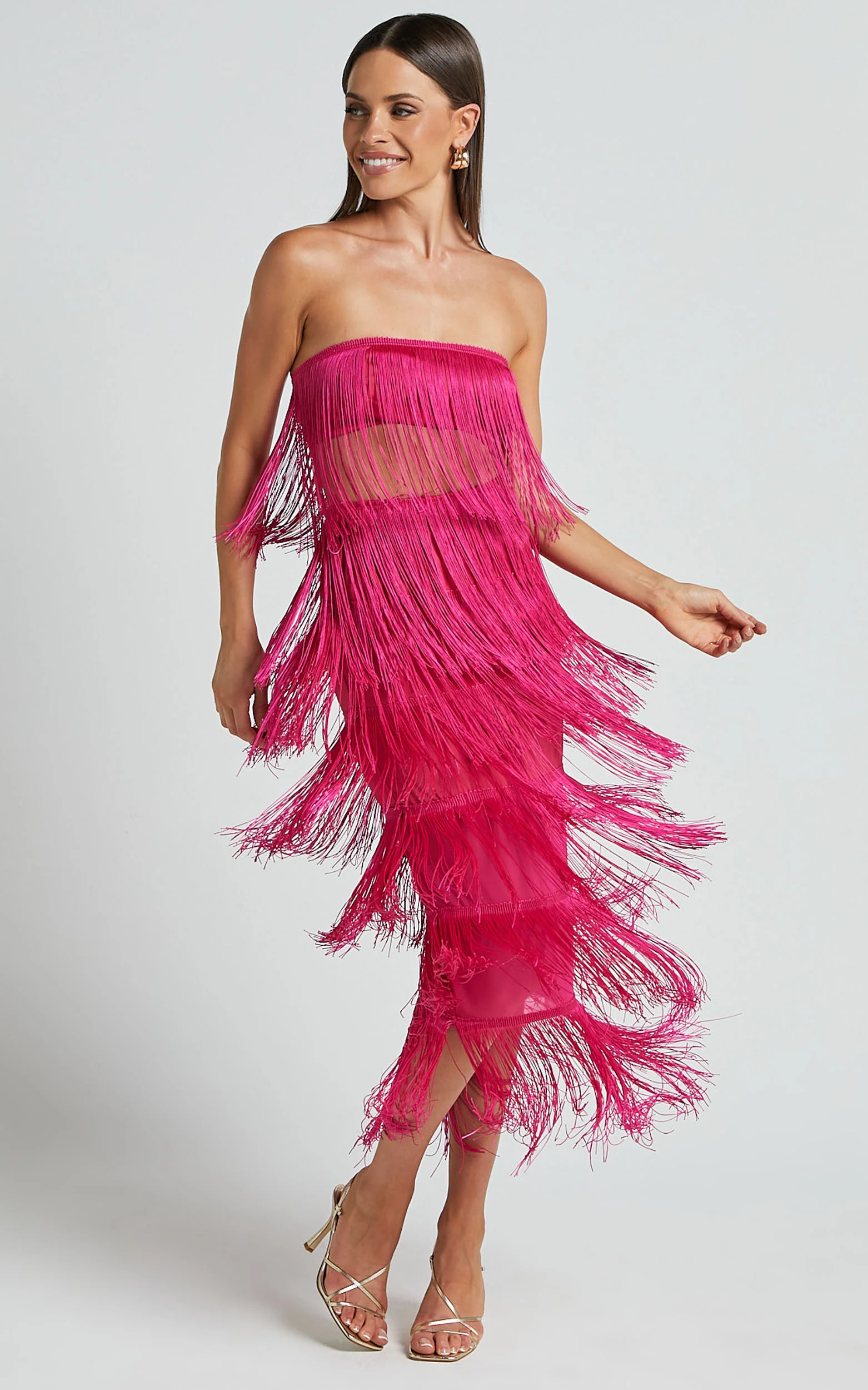 Amalee Two Piece Set - Fringe Strapless Crop Top and Midi Skirt Set in Pink - Image 5