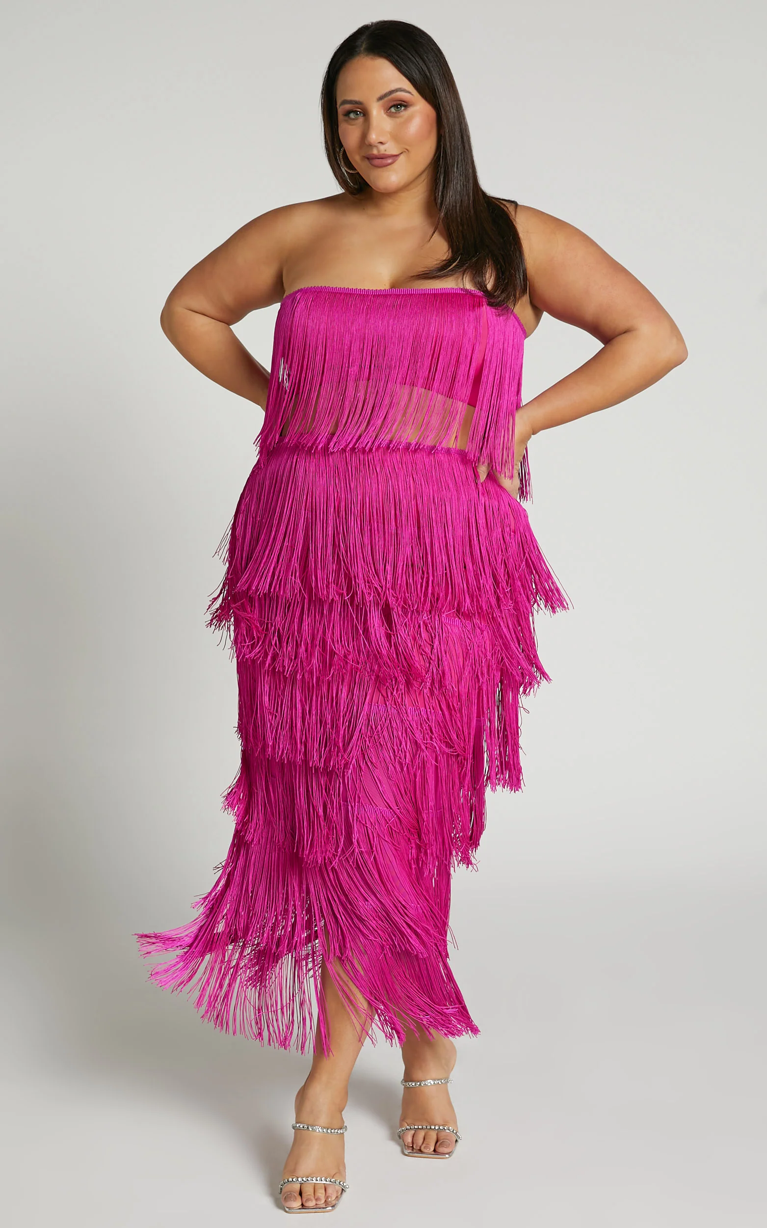 Amalee Two Piece Set - Fringe Strapless Crop Top and Midi Skirt Set in Pink - Image 6