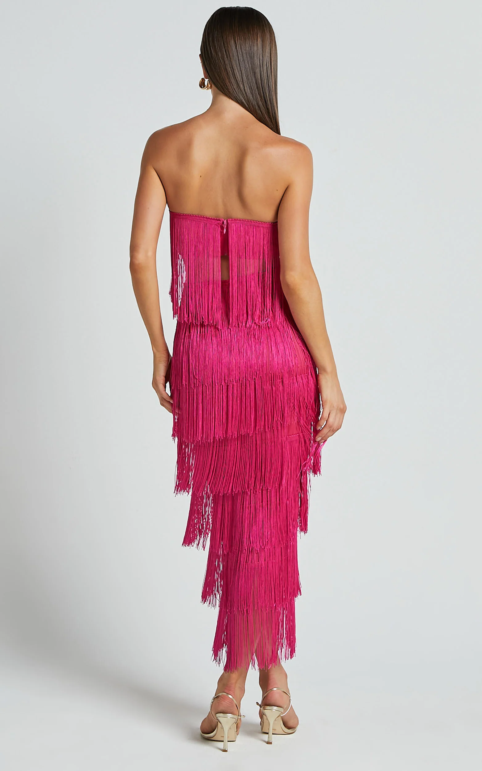 Amalee Two Piece Set - Fringe Strapless Crop Top and Midi Skirt Set in Pink - Image 7