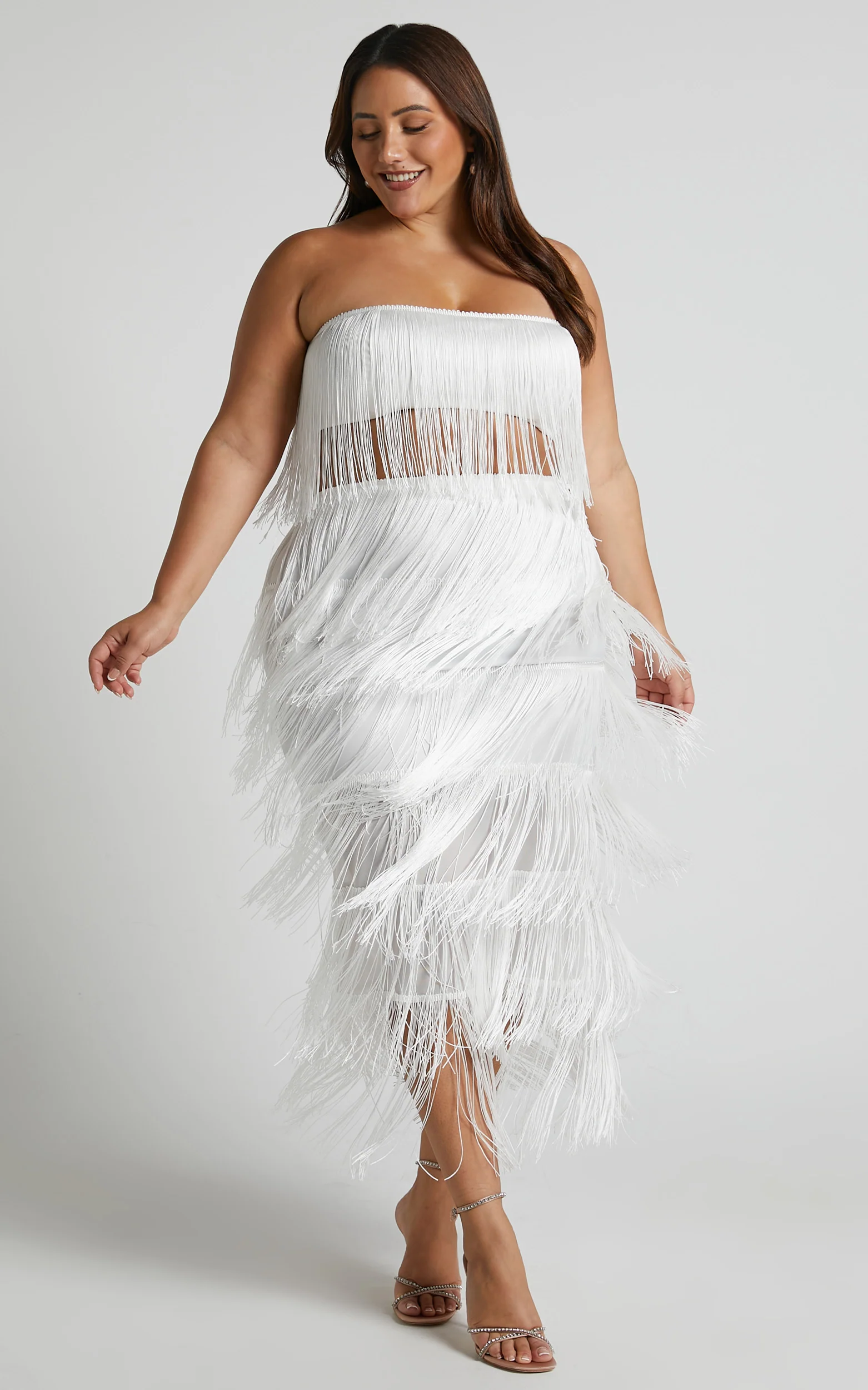 Amalee Two Piece Set - Fringe Strapless Crop Top and Midi Skirt Set in White - Image 3