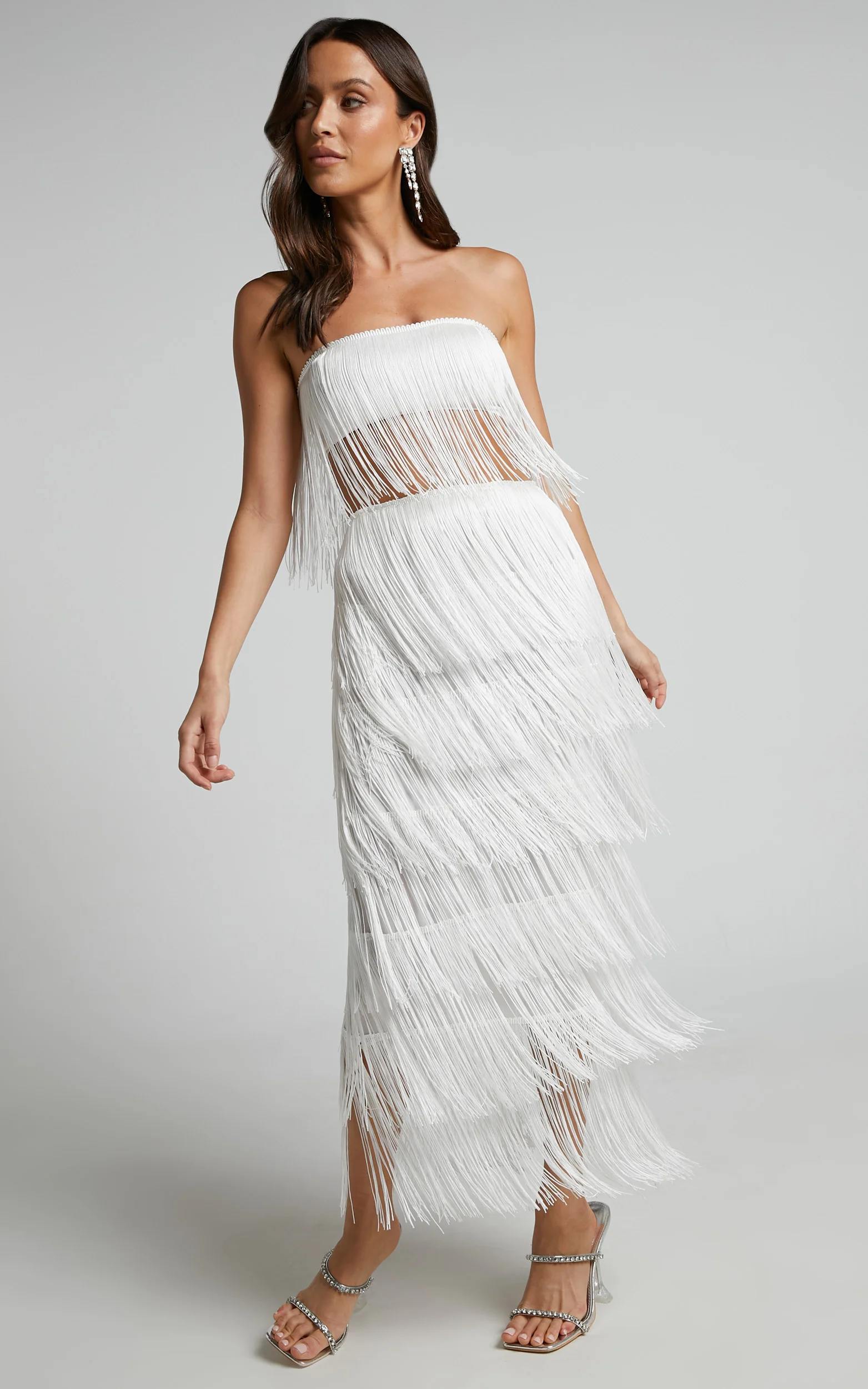 Amalee Two Piece Set - Fringe Strapless Crop Top and Midi Skirt Set in White - Image 4