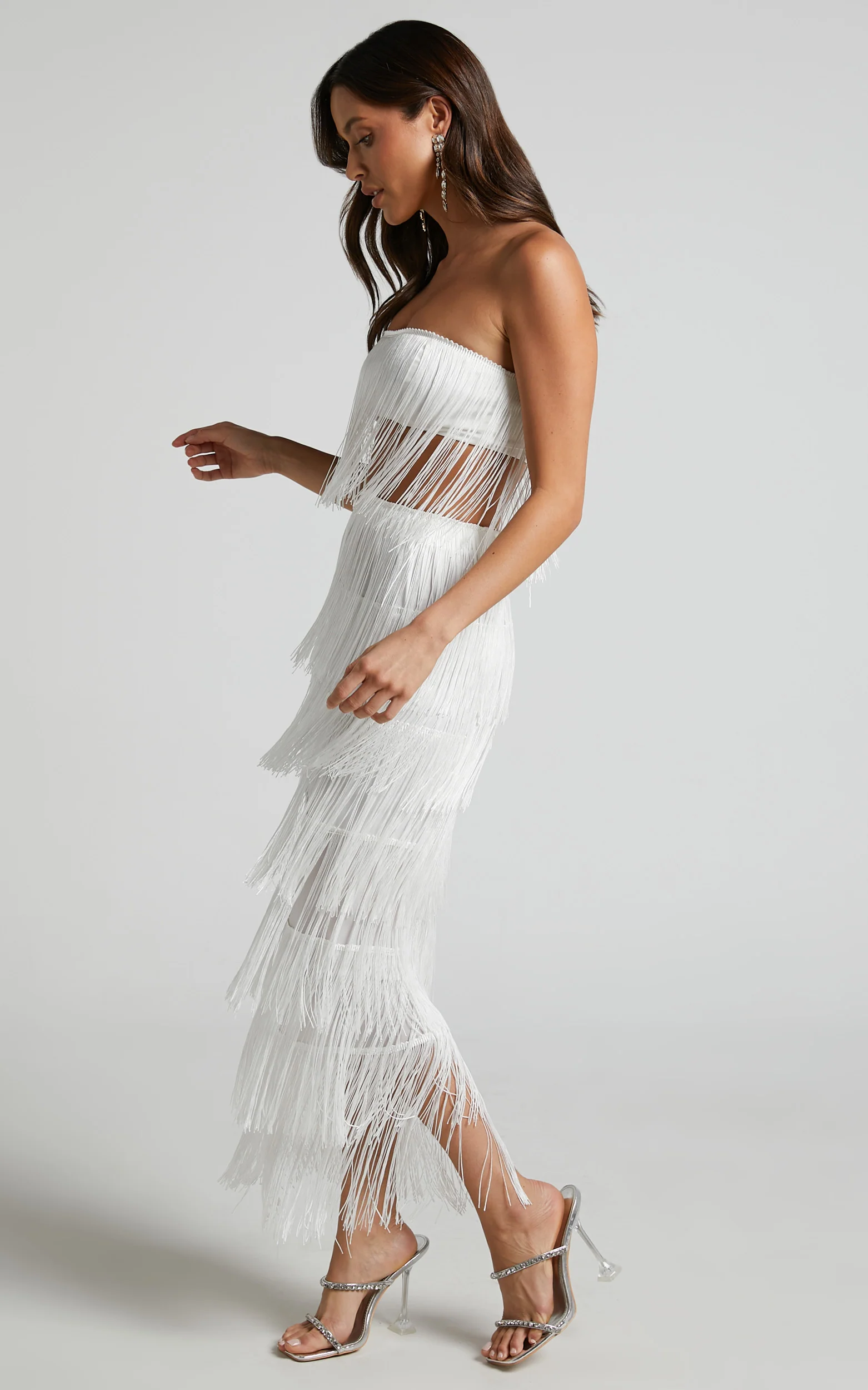 Amalee Two Piece Set - Fringe Strapless Crop Top and Midi Skirt Set in White - Image 5
