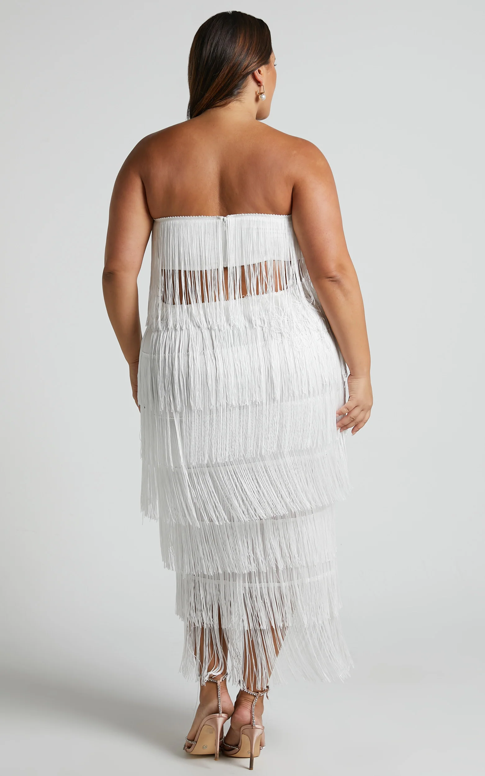 Amalee Two Piece Set - Fringe Strapless Crop Top and Midi Skirt Set in White - Image 7