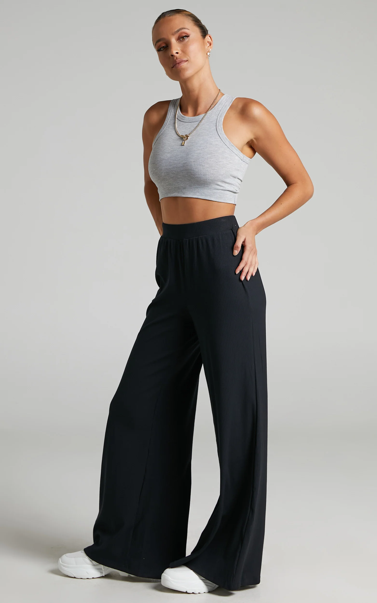 Amalthea Pants - High Waisted Jersey Rib Wide Leg Pants in Black - Image 3