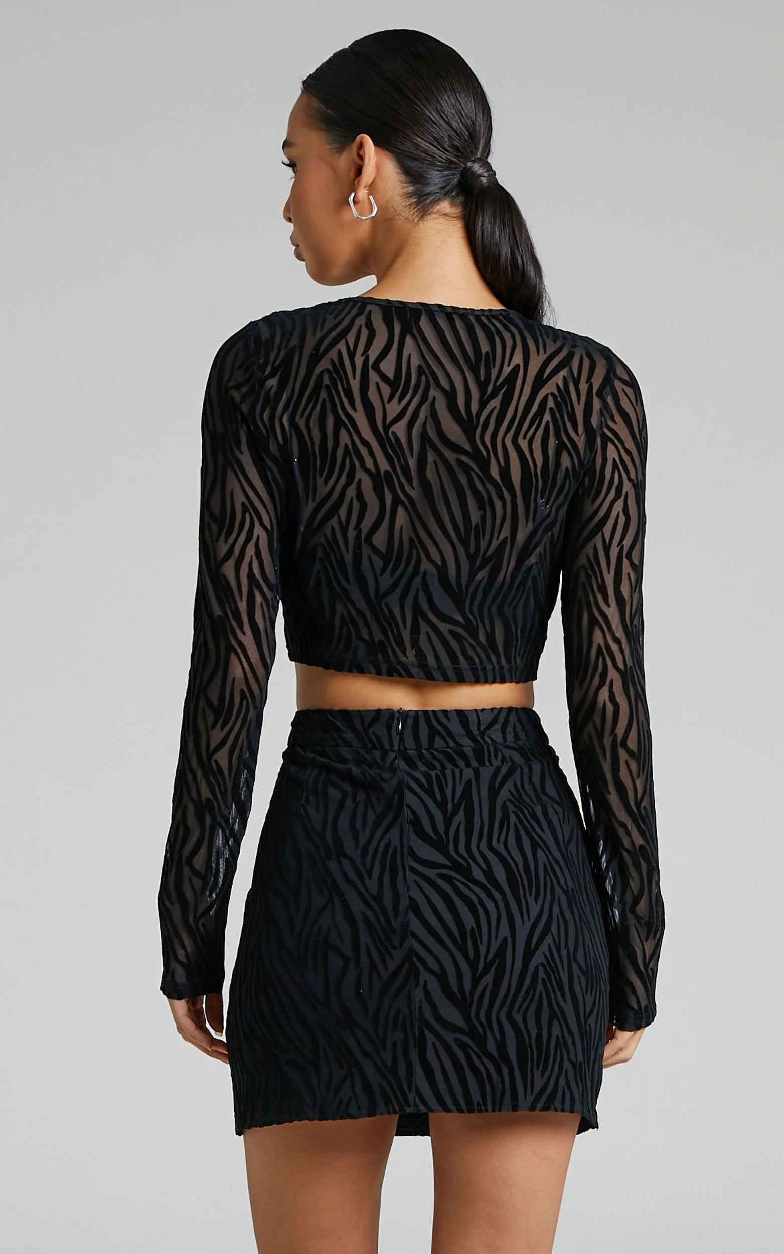 Andrik Two Piece Set - Mesh Long Sleeve Crop Top and Mini Skirt Set in Black Zebra - Image 3