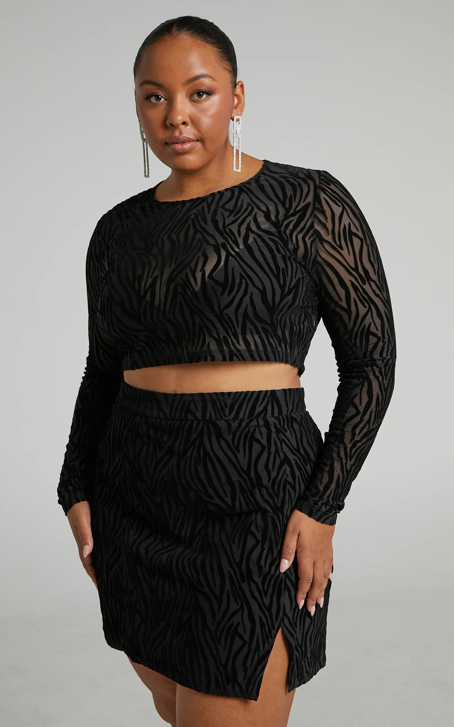 Andrik Two Piece Set - Mesh Long Sleeve Crop Top and Mini Skirt Set in Black Zebra - Image 5