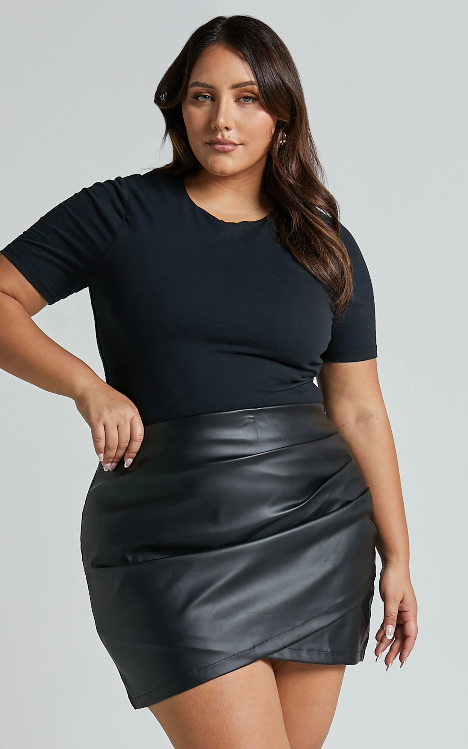 Ashlyn Mini Skirt - Faux Leather Overlap Skirt in Black - Image 3