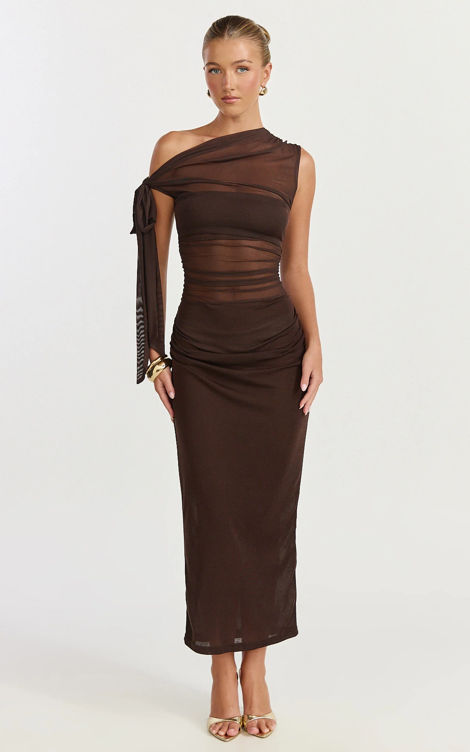 Astrid Midi Dress - Asymmetrical Off Shoulder Tie Detail Dress in Chocolate - Image 3