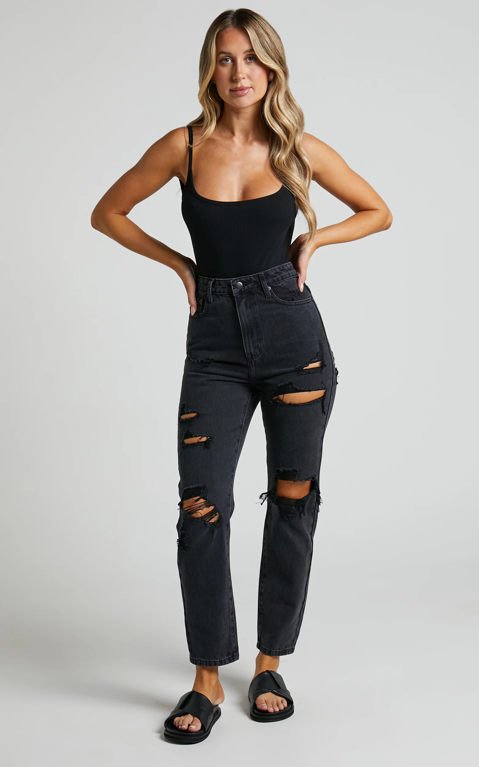 Billie Jeans - High Waisted Cotton Distressed Mom Denim Jeans in Black Wash - Image 3