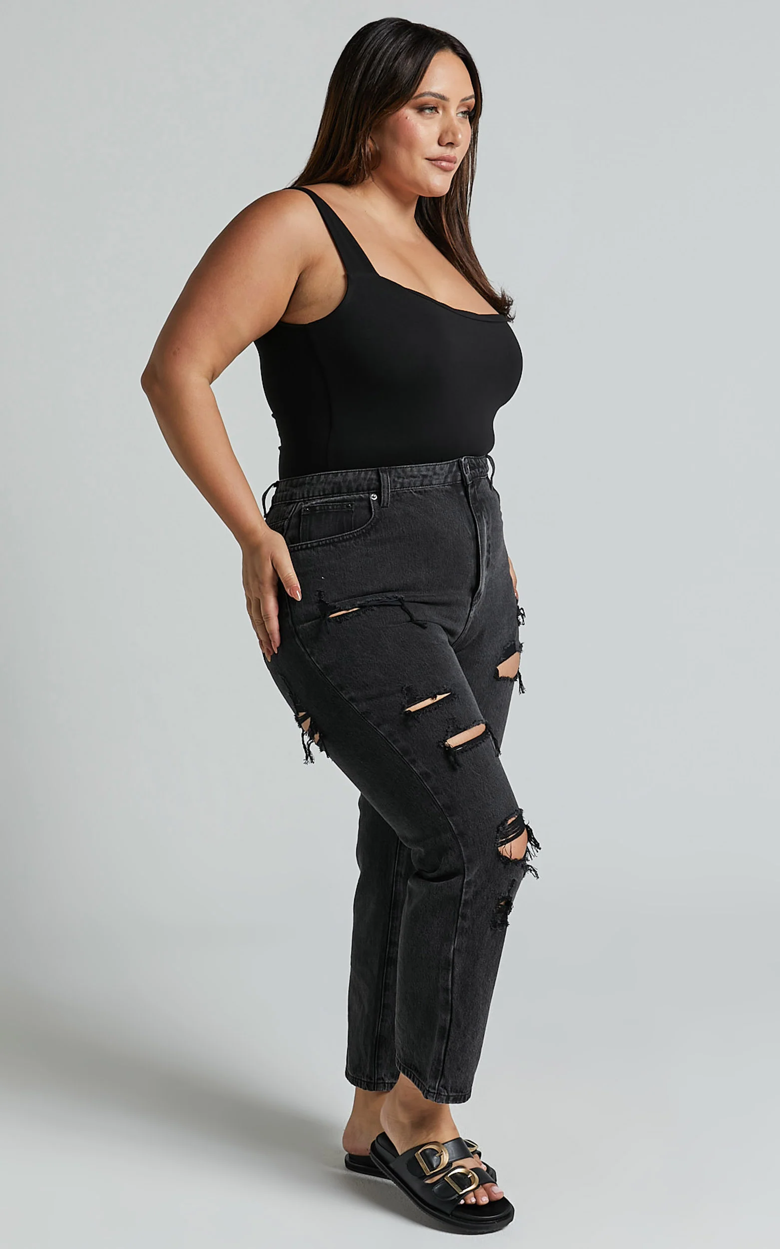 Billie Jeans - High Waisted Cotton Distressed Mom Denim Jeans in Black Wash - Image 4