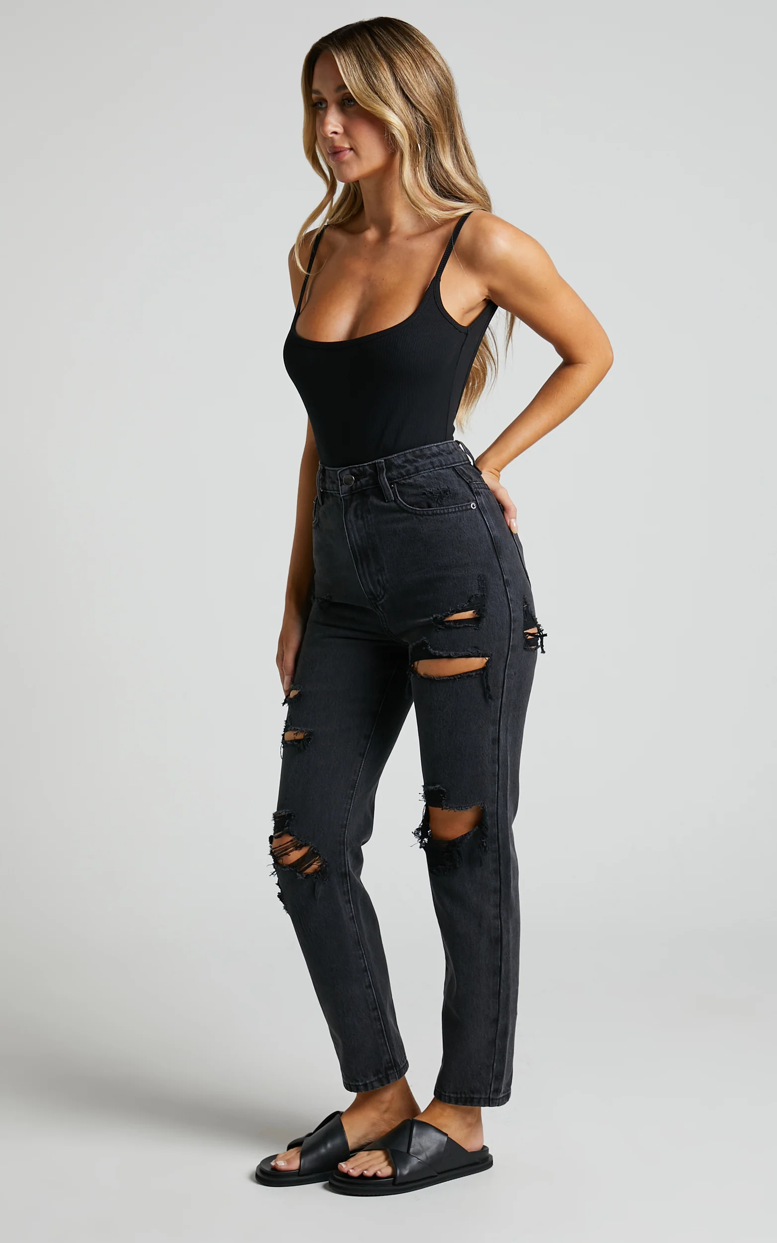 Billie Jeans - High Waisted Cotton Distressed Mom Denim Jeans in Black Wash - Image 5