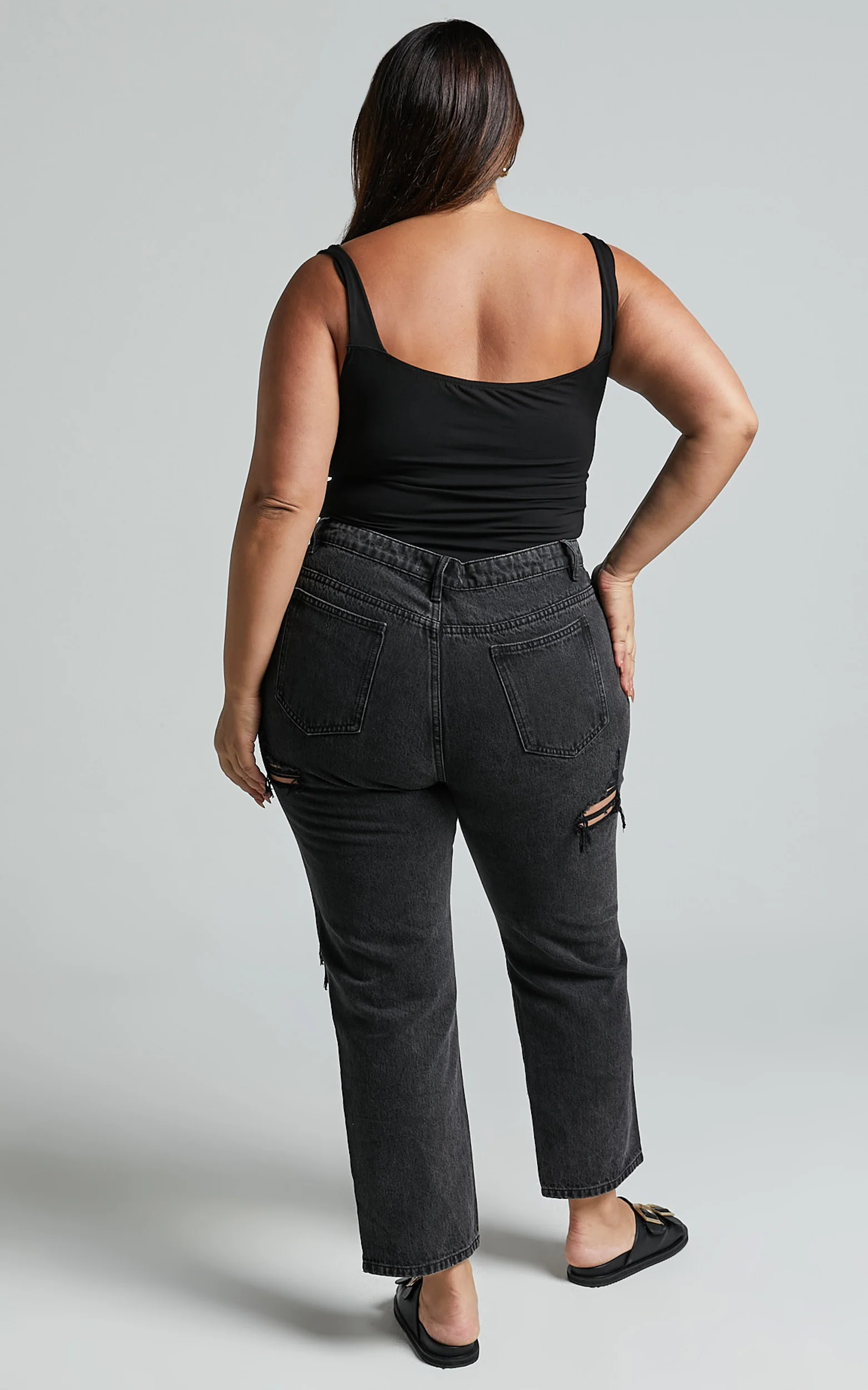 Billie Jeans - High Waisted Cotton Distressed Mom Denim Jeans in Black Wash - Image 6