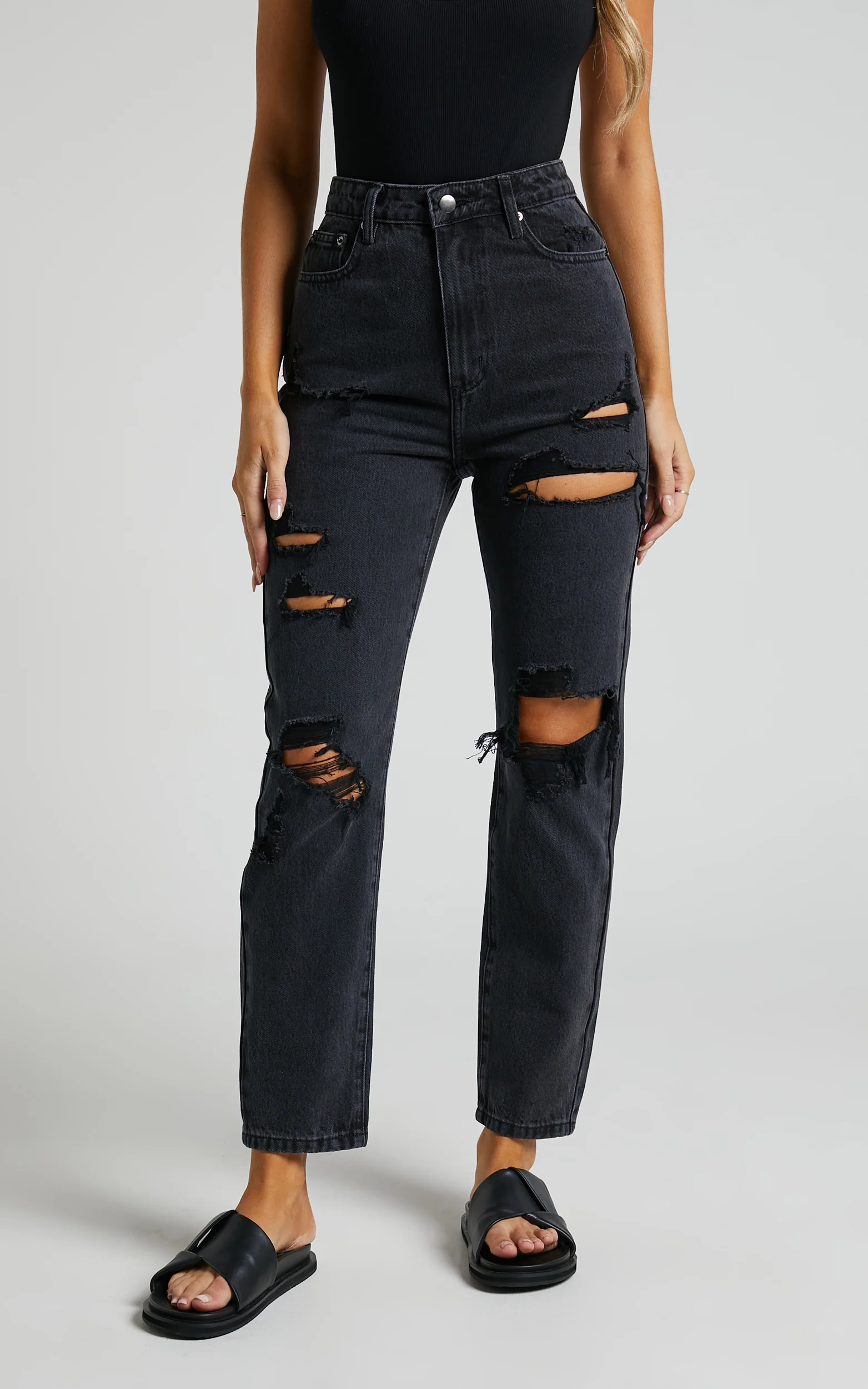 Billie Jeans - High Waisted Cotton Distressed Mom Denim Jeans in Black Wash - Image 8