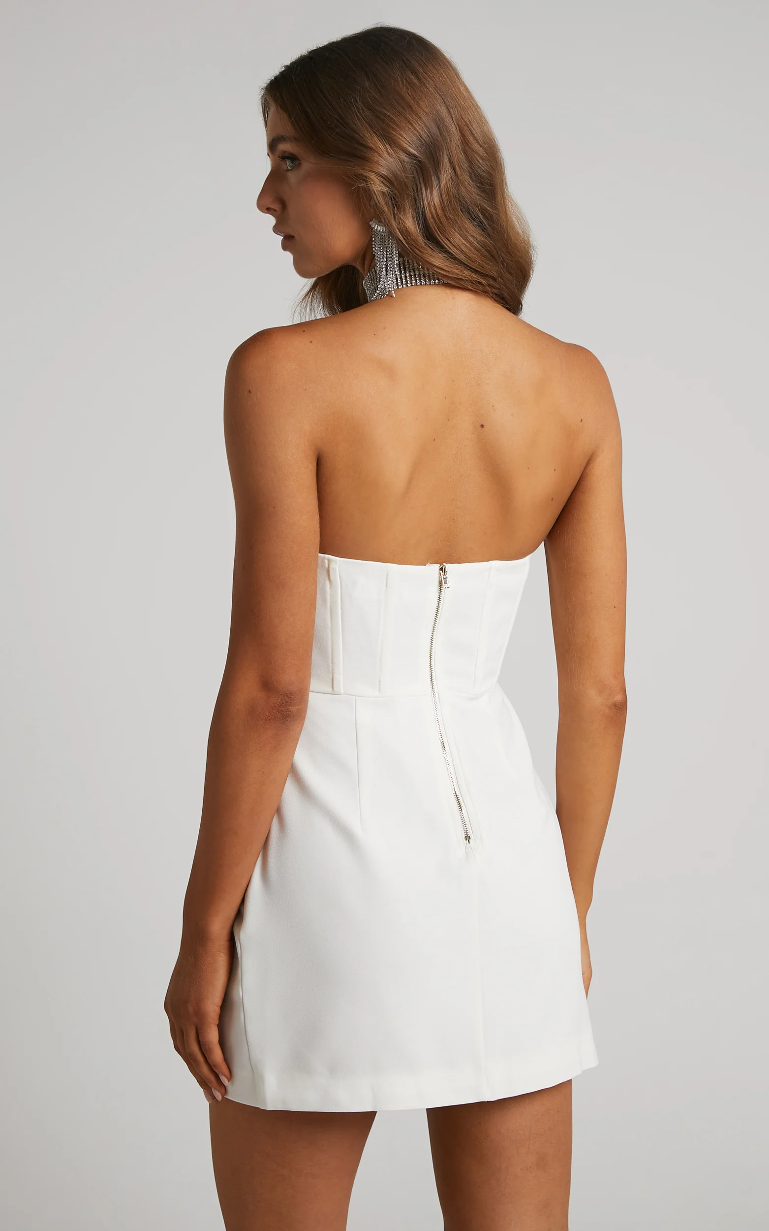 Bonne Mini Dress - Strapless Corset Side Split Dress in White - Image 7