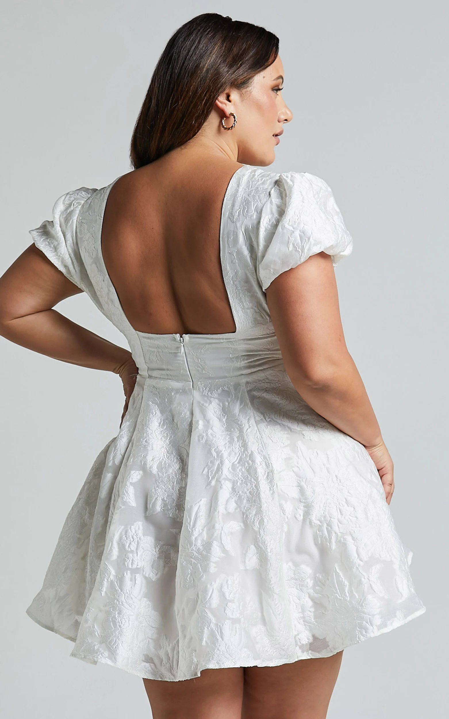 Brailey Jacquard Mini Dress - Puff Sleeve Dress in White - Image 7