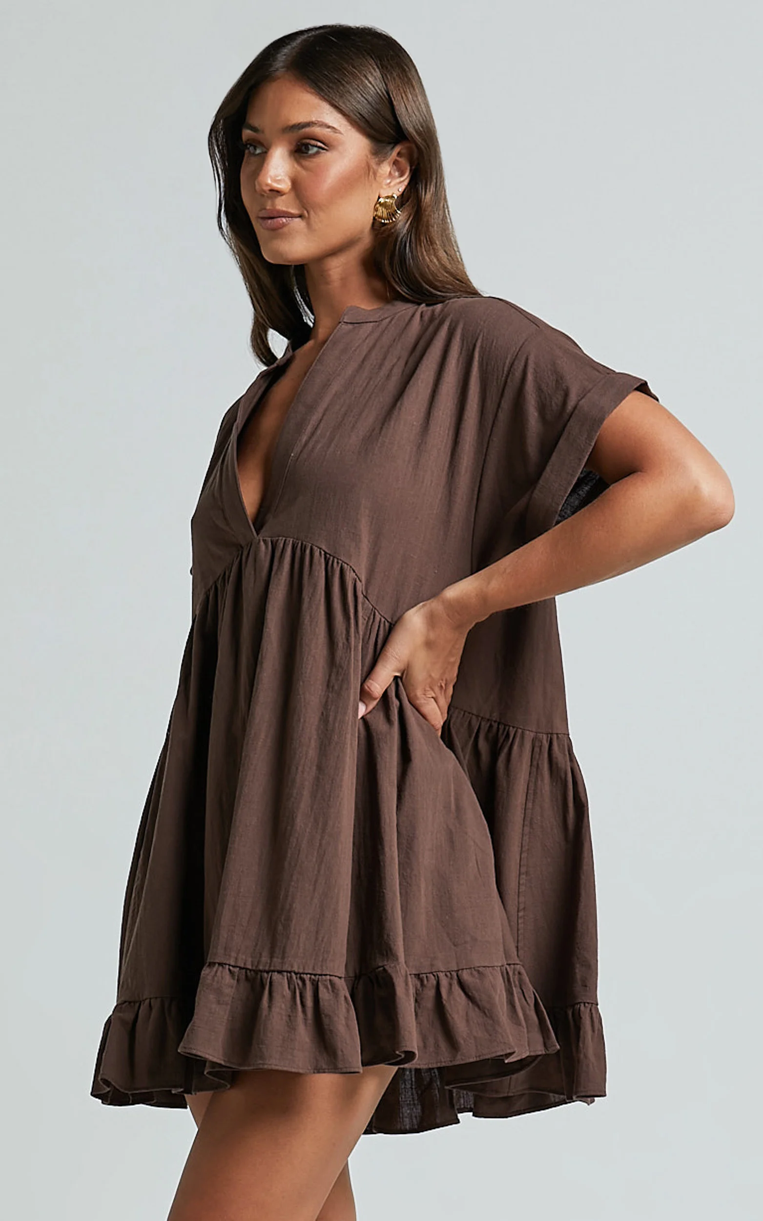 Calissa Mini Dress - Frill Hem Smock Dress in Chocolate - Image 3