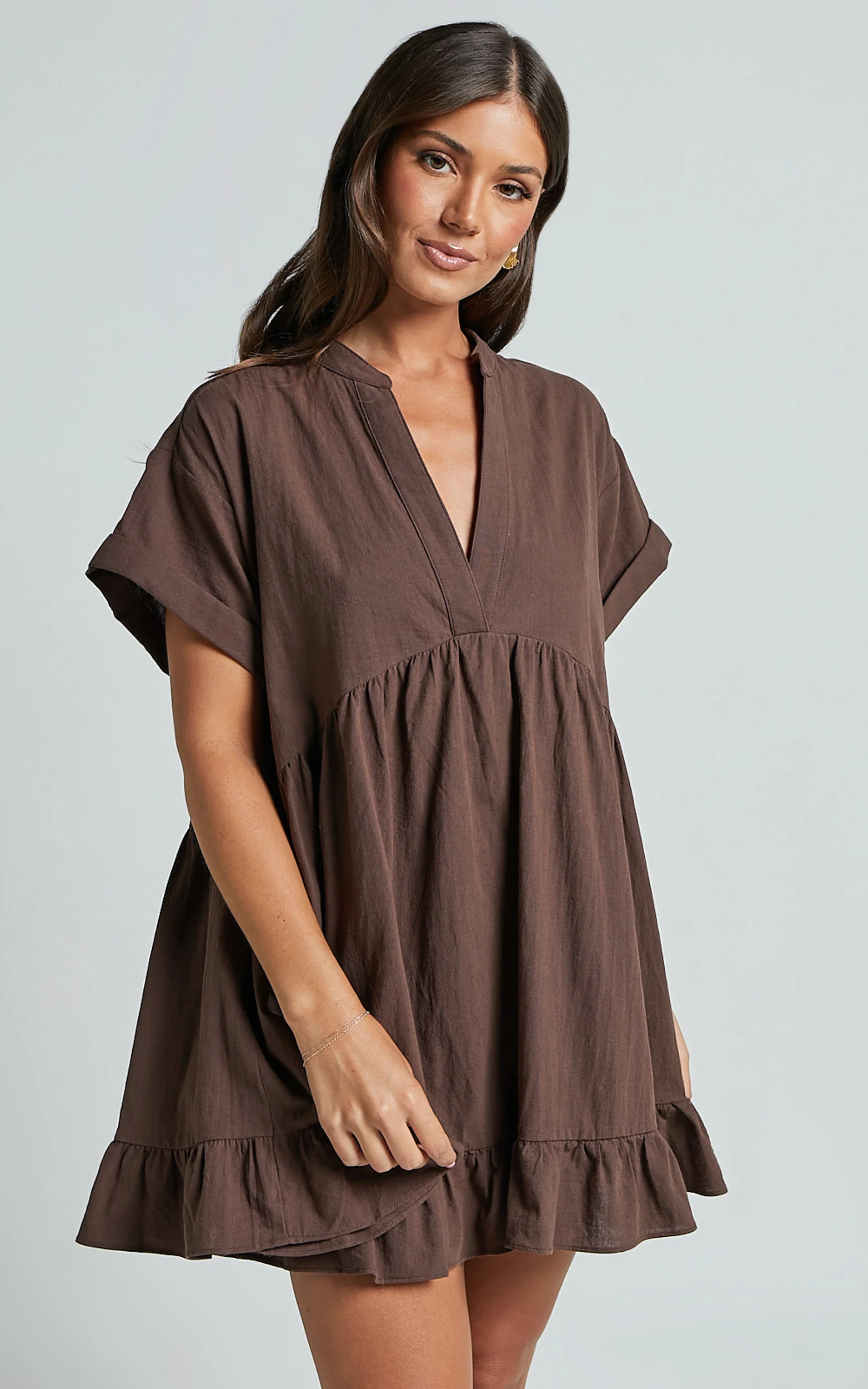 Calissa Mini Dress - Frill Hem Smock Dress in Chocolate - Image 4