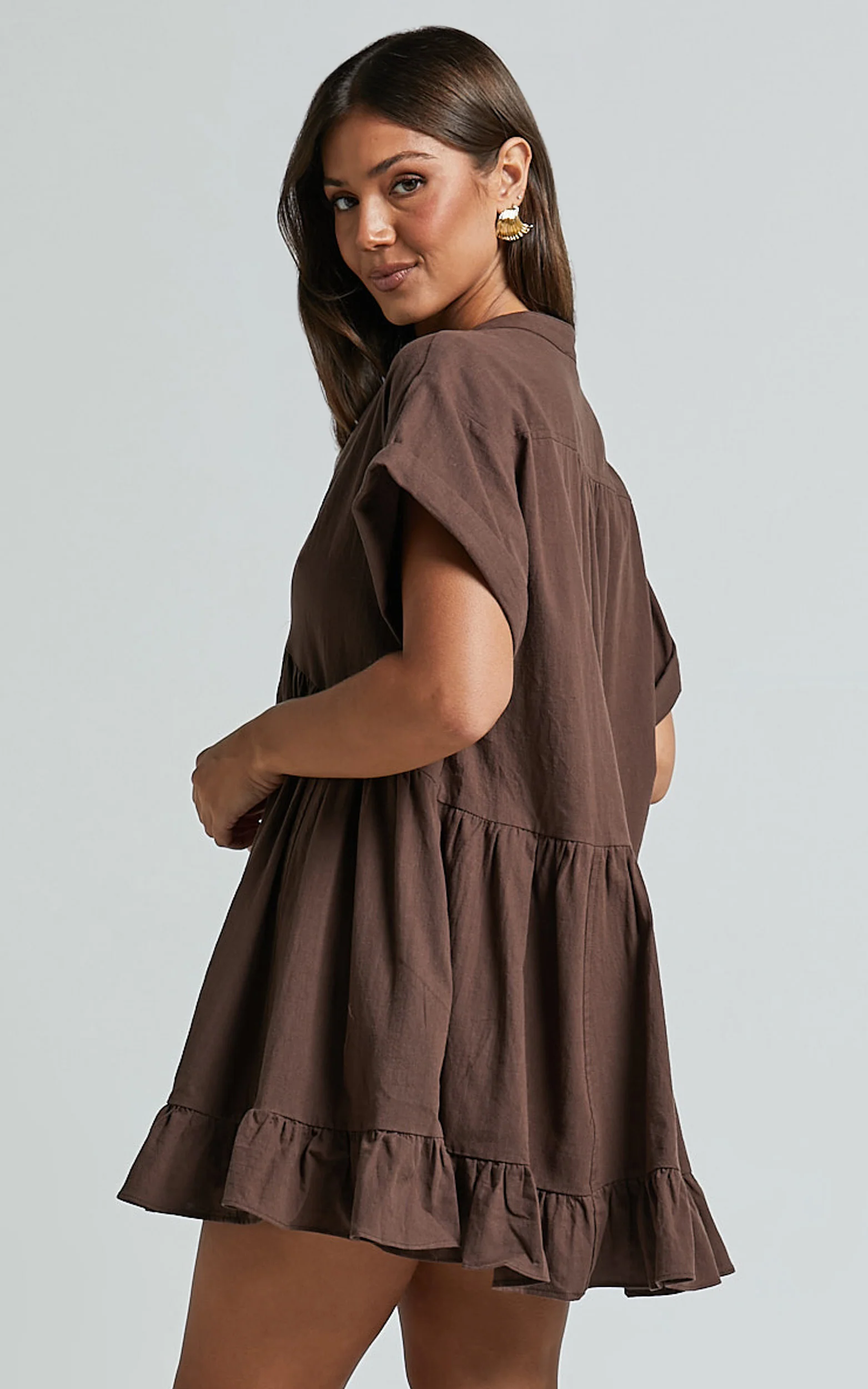 Calissa Mini Dress - Frill Hem Smock Dress in Chocolate - Image 5