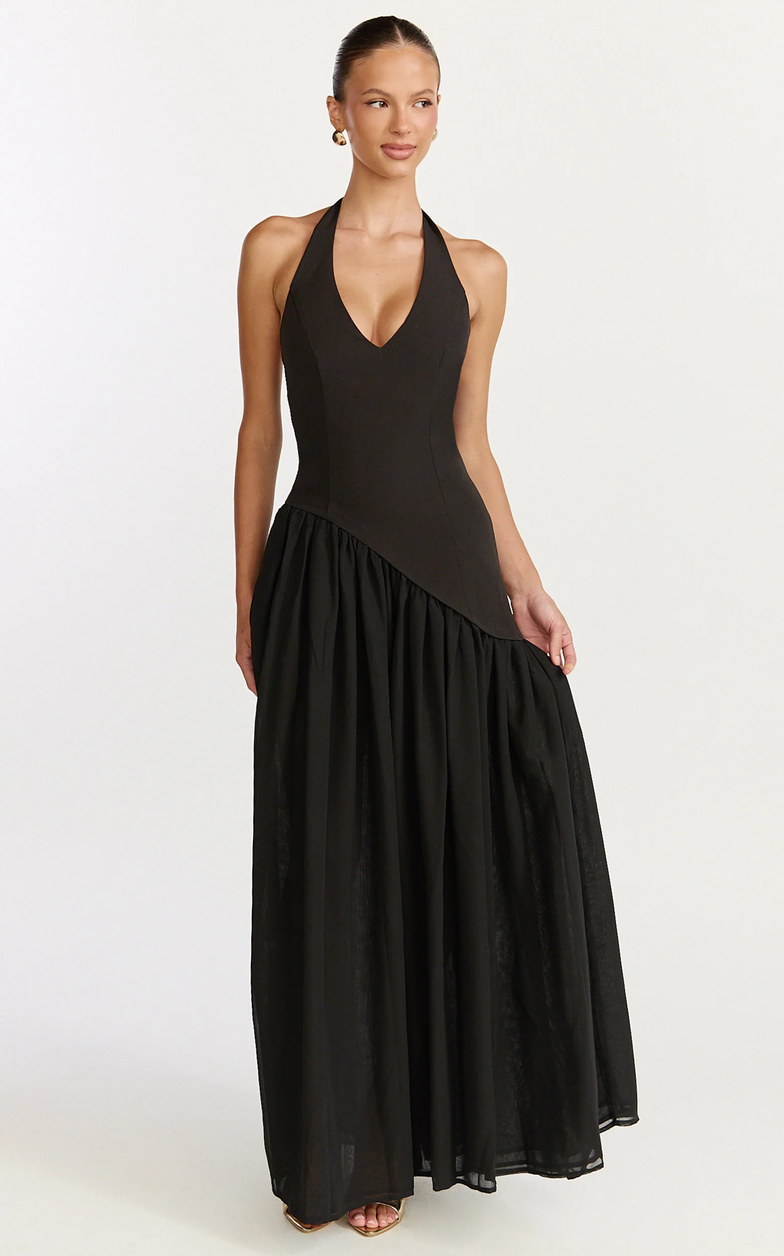 Calla Maxi Dress - Halter Neck Asymmetric Dropped Waist Dress in Black - Image 3
