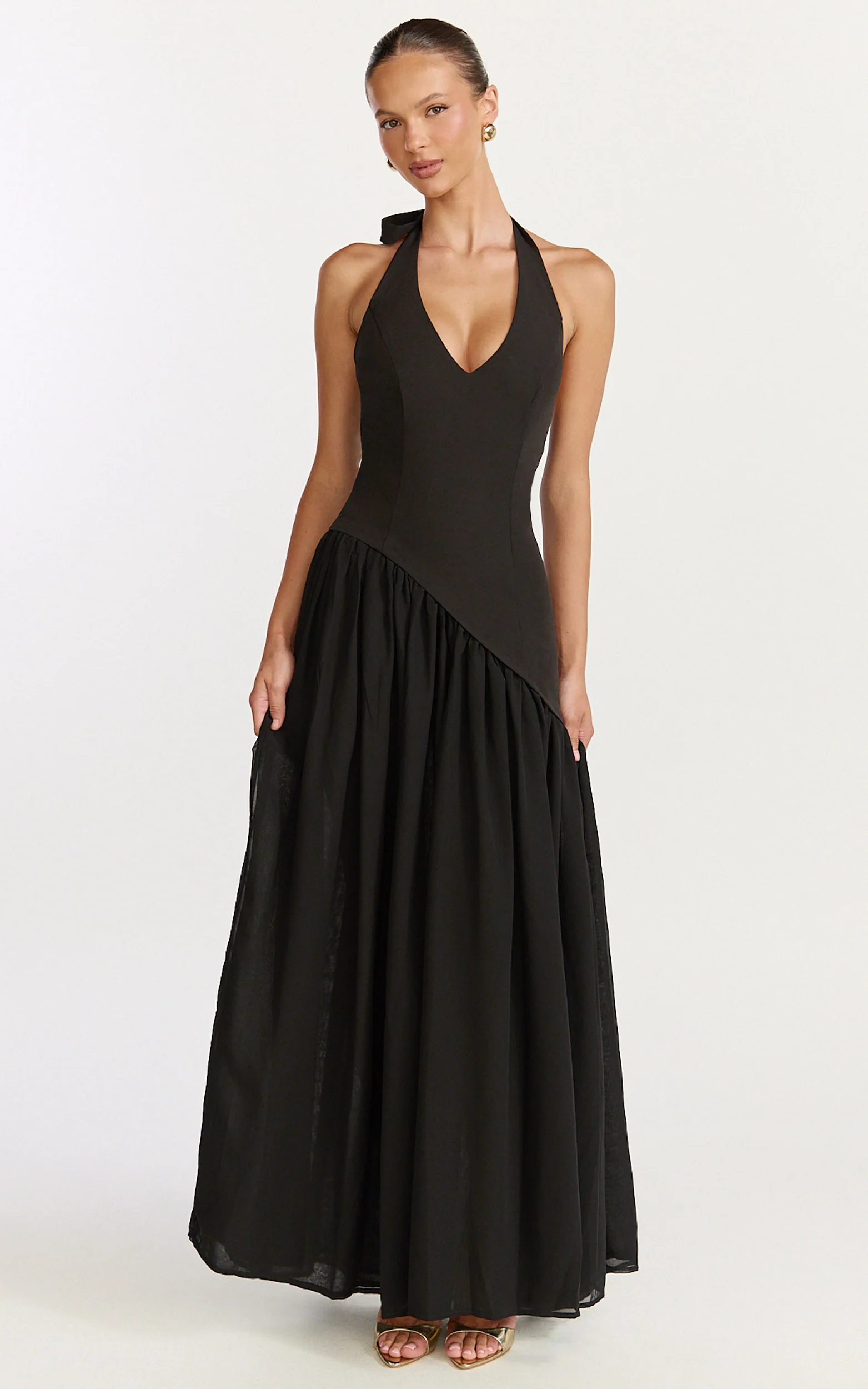 Calla Maxi Dress - Halter Neck Asymmetric Dropped Waist Dress in Black - Image 4