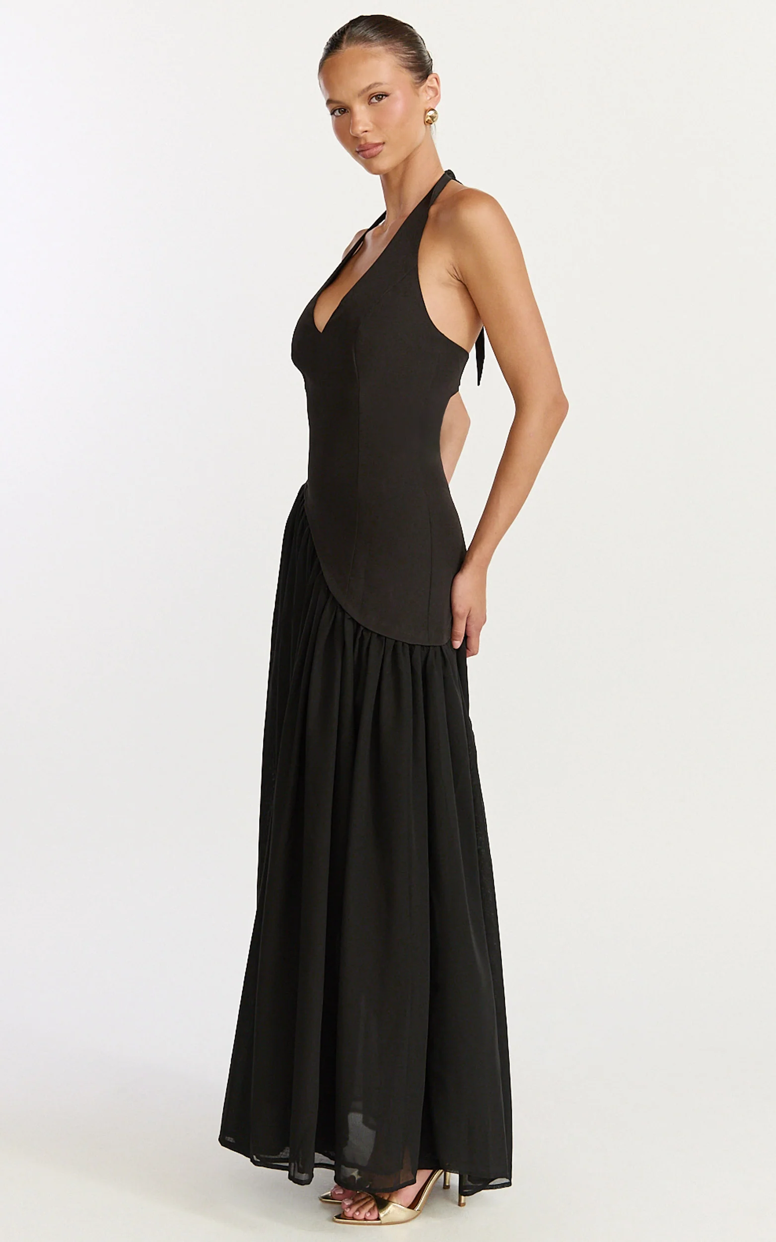 Calla Maxi Dress - Halter Neck Asymmetric Dropped Waist Dress in Black - Image 5