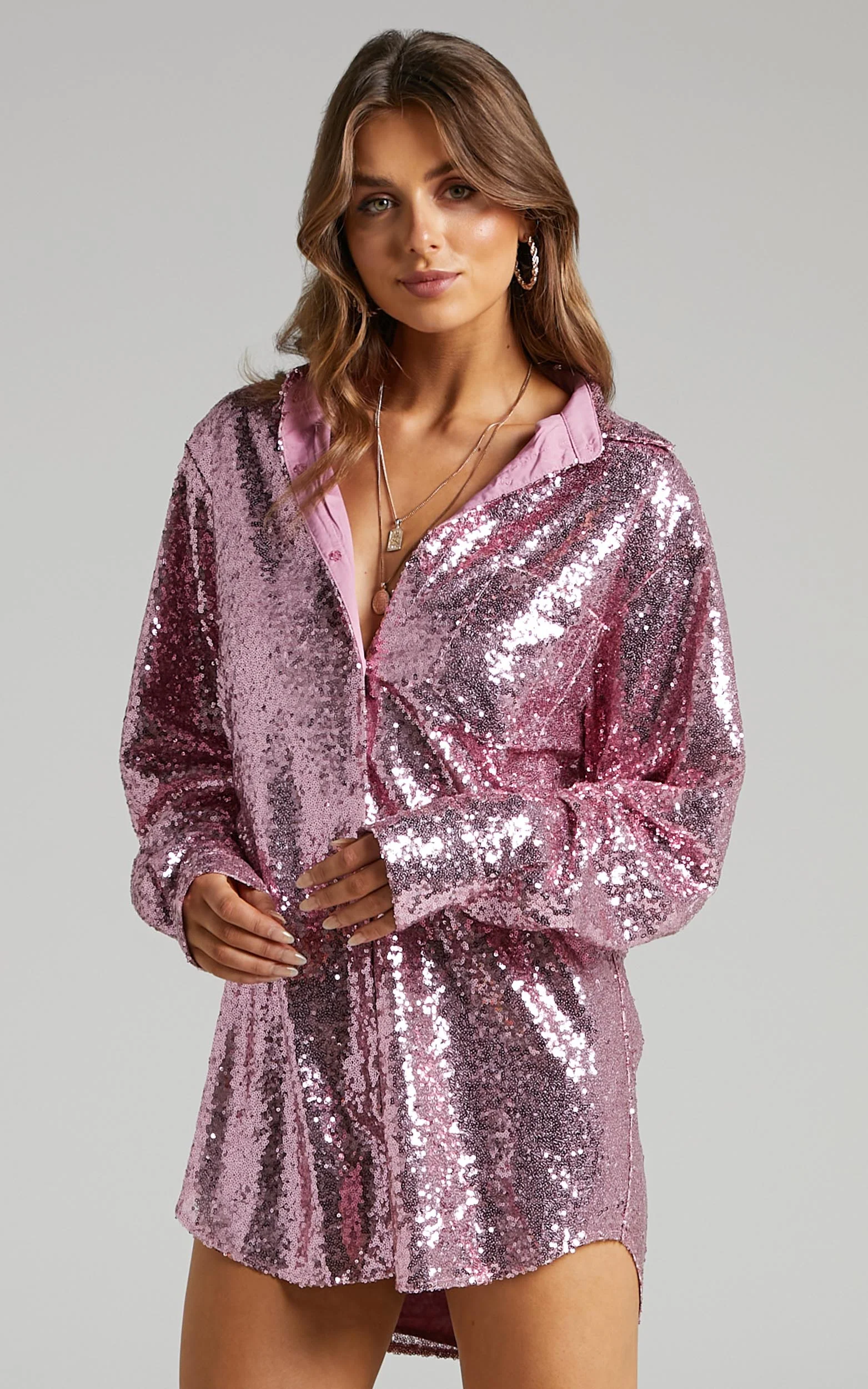 Cally Mini Dress - Oversized Shirt Dress in Lilac Sequin - Image 3