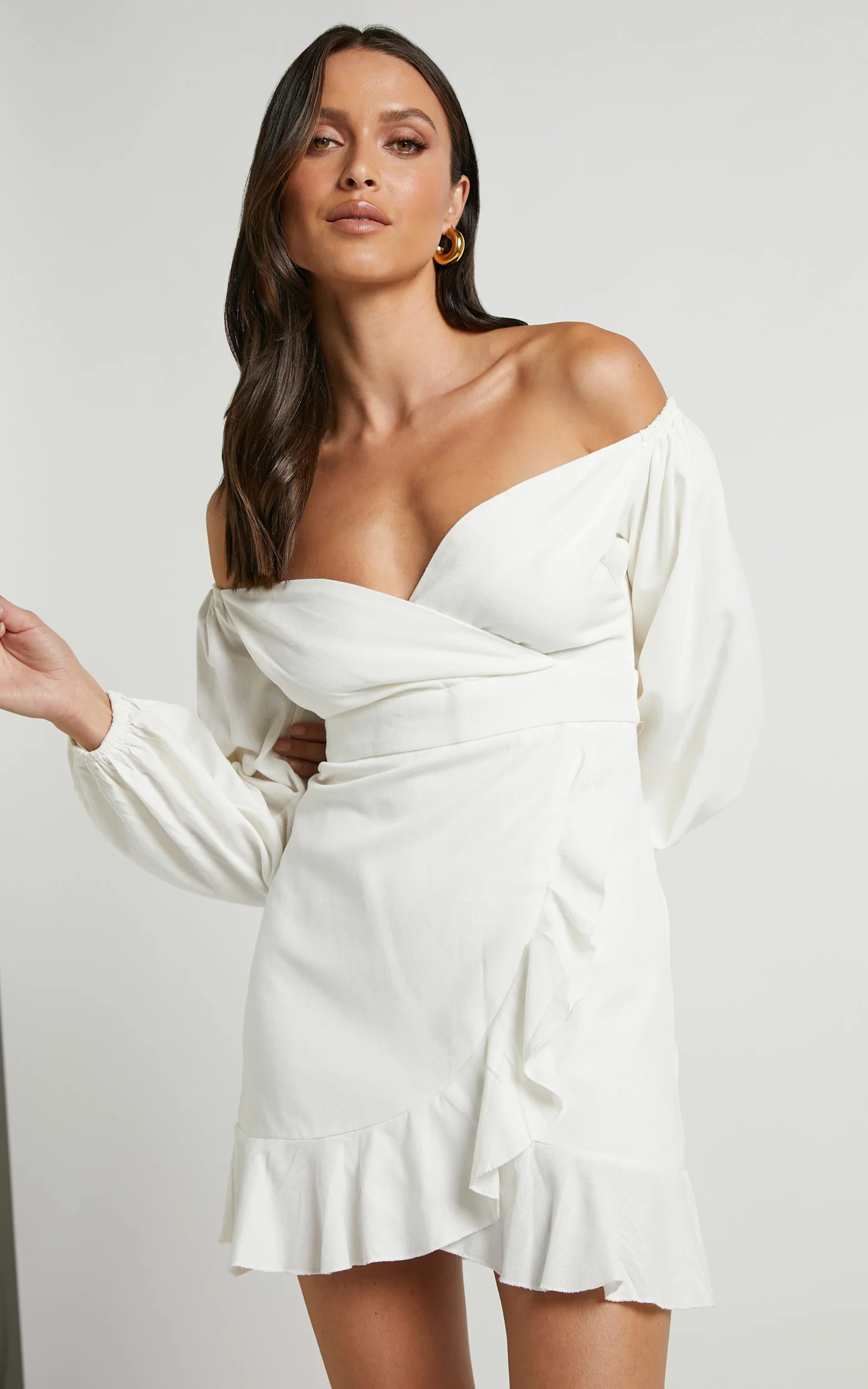 Cant Move On Off Shoulder Mini Linen Blend Dress in White Linen Look - Image 4