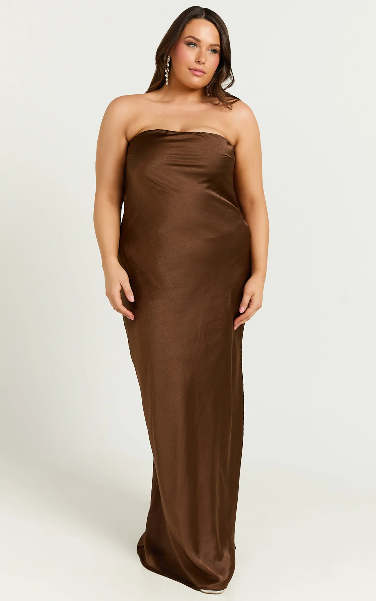 Charlita Maxi Dress - Strapless Cowl Back Satin Dress in Chocolate - Image 4