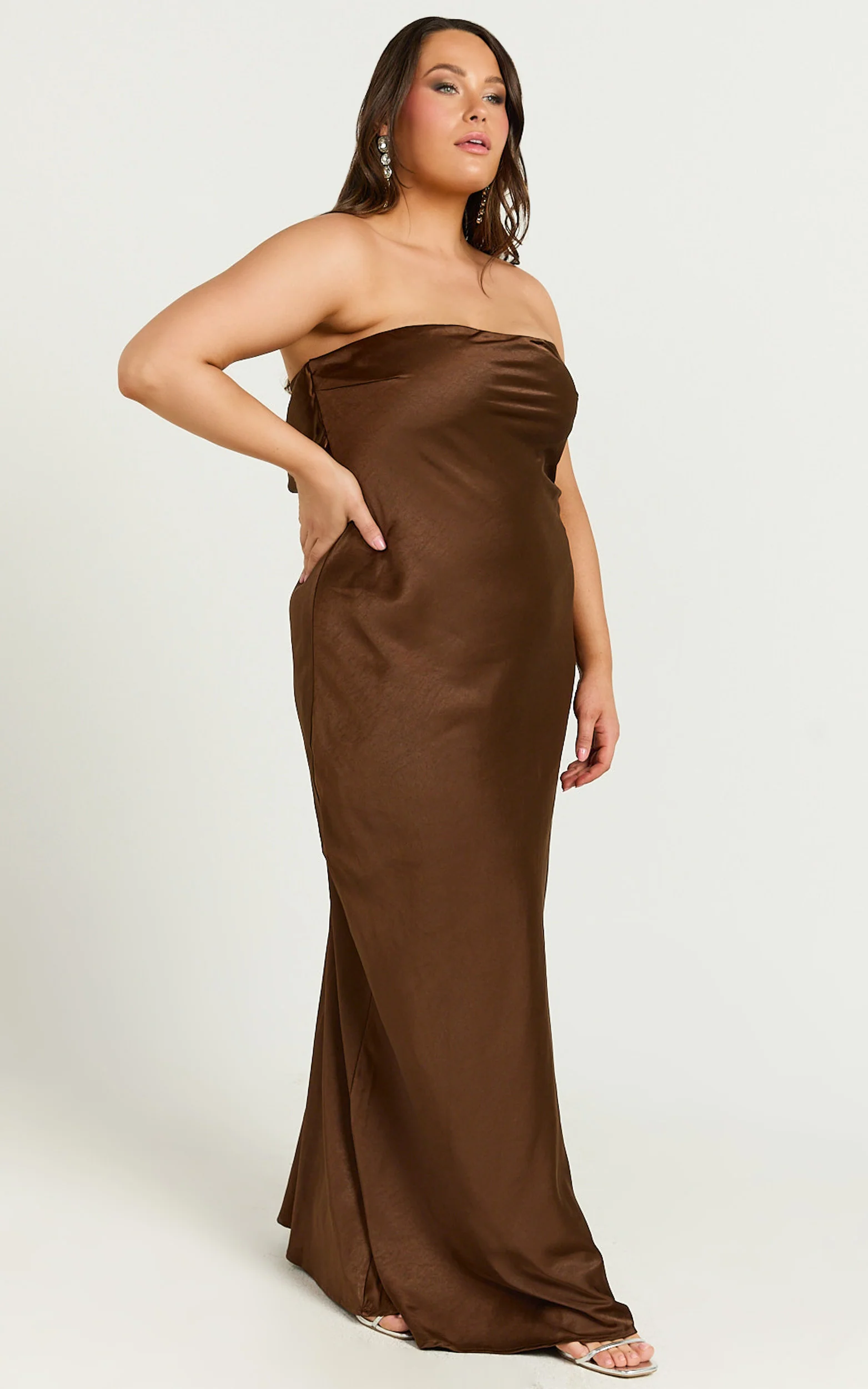 Charlita Maxi Dress - Strapless Cowl Back Satin Dress in Chocolate - Image 6