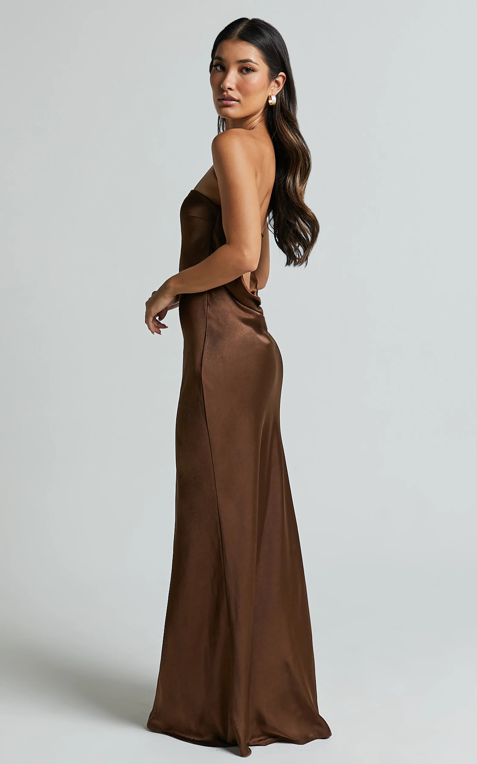 Charlita Maxi Dress - Strapless Cowl Back Satin Dress in Chocolate - Image 7