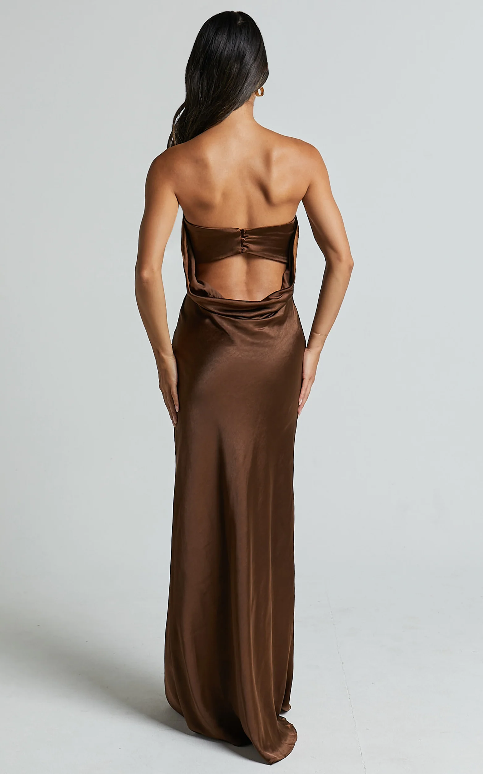Charlita Maxi Dress - Strapless Cowl Back Satin Dress in Chocolate - Image 8