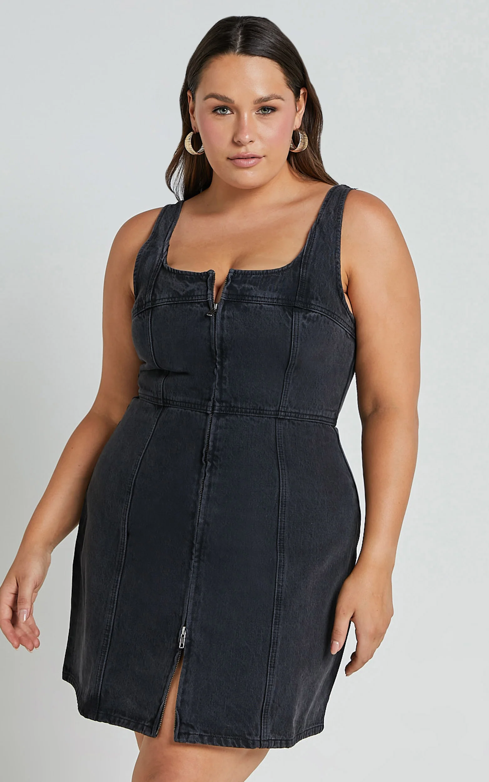 Chrysoula Mini Dress - Square Neck Zip Front Sleeveless Bodycon Denim in Washed Black - Image 4