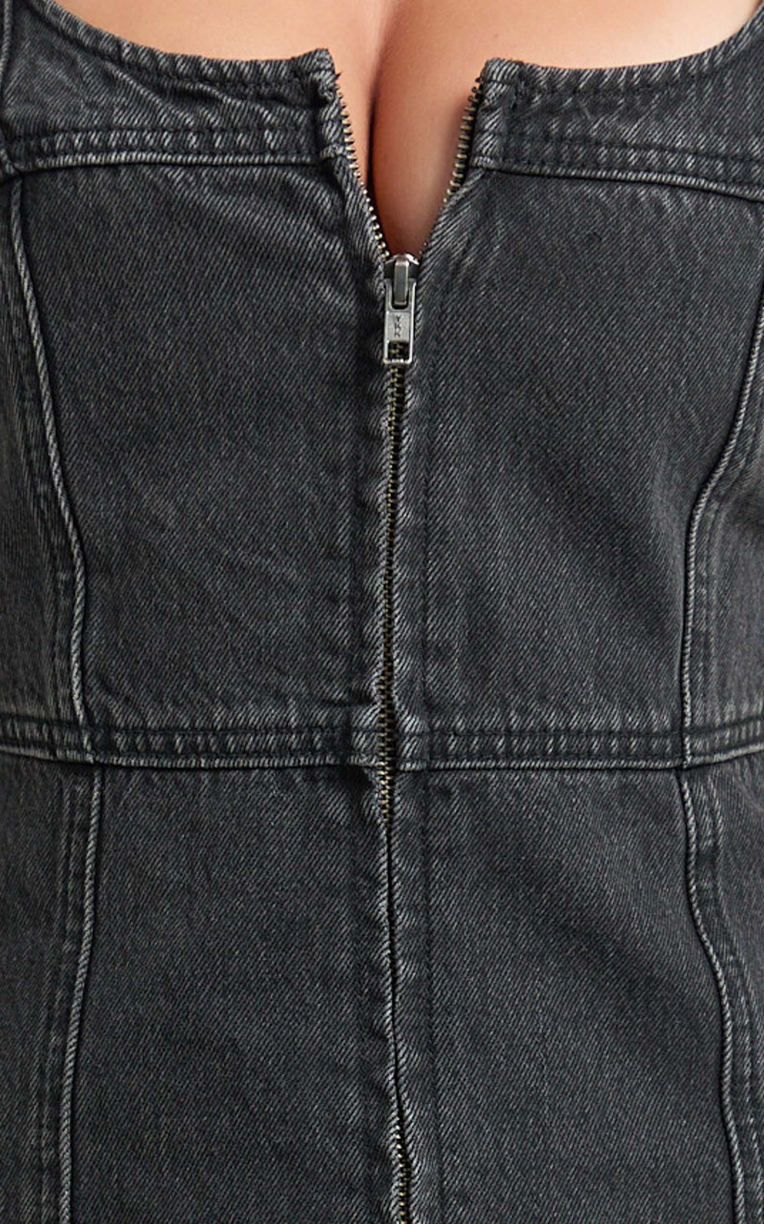Chrysoula Mini Dress - Square Neck Zip Front Sleeveless Bodycon Denim in Washed Black - Image 7