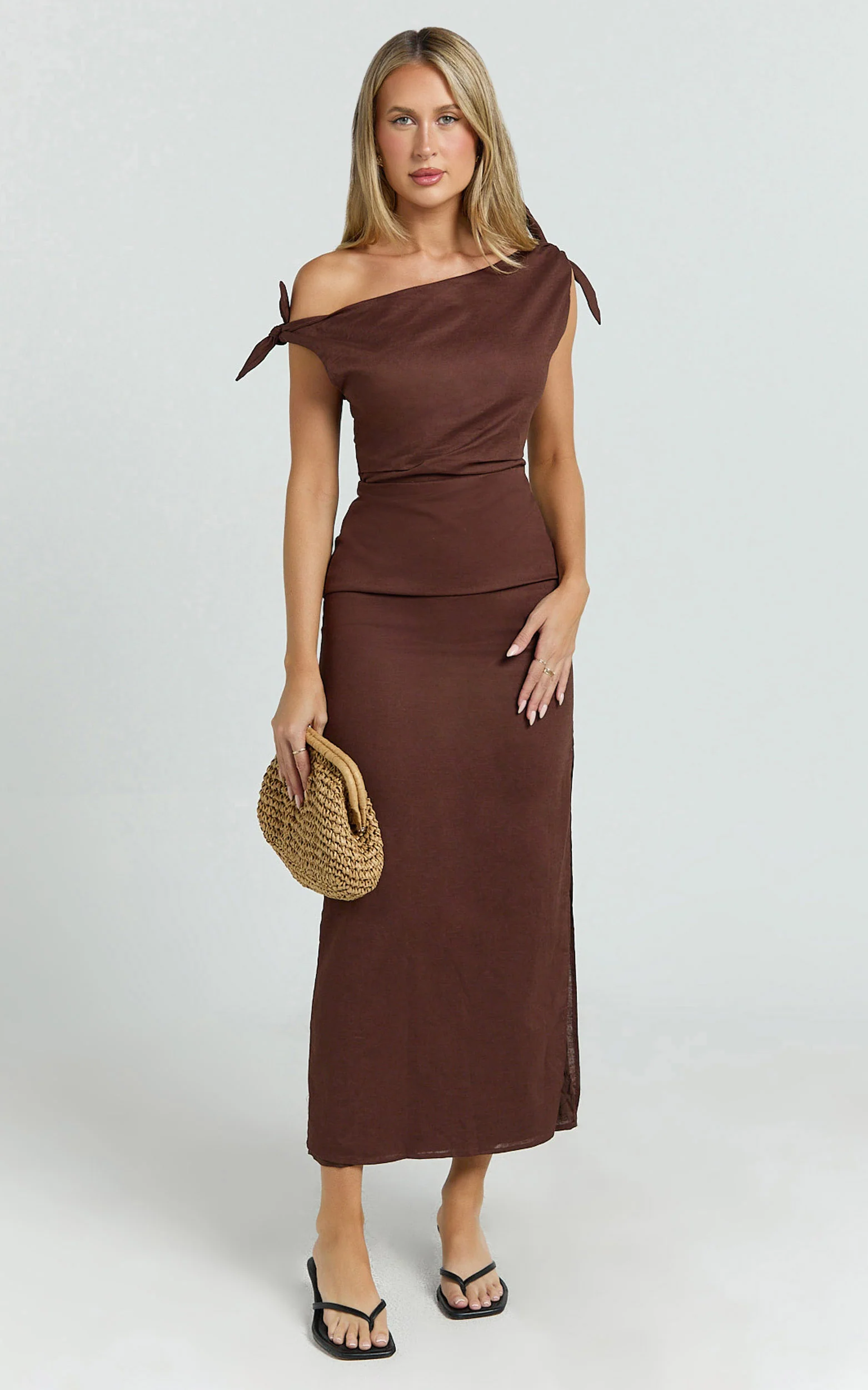 Cincinnati Midi Dress - Off The Shoulder Side Split Column Linen Dress in Chocolate - Image 4