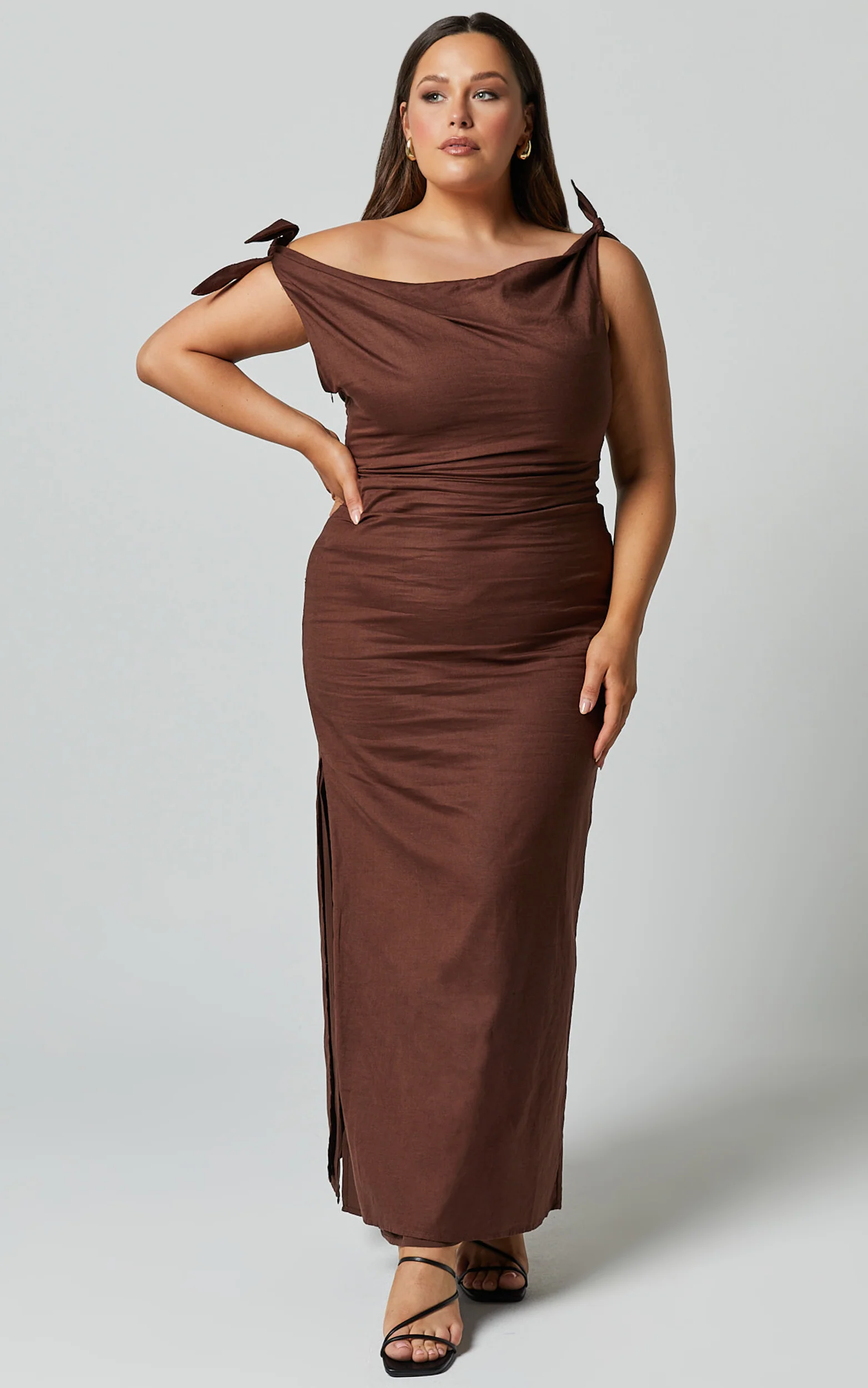 Cincinnati Midi Dress - Off The Shoulder Side Split Column Linen Dress in Chocolate - Image 5