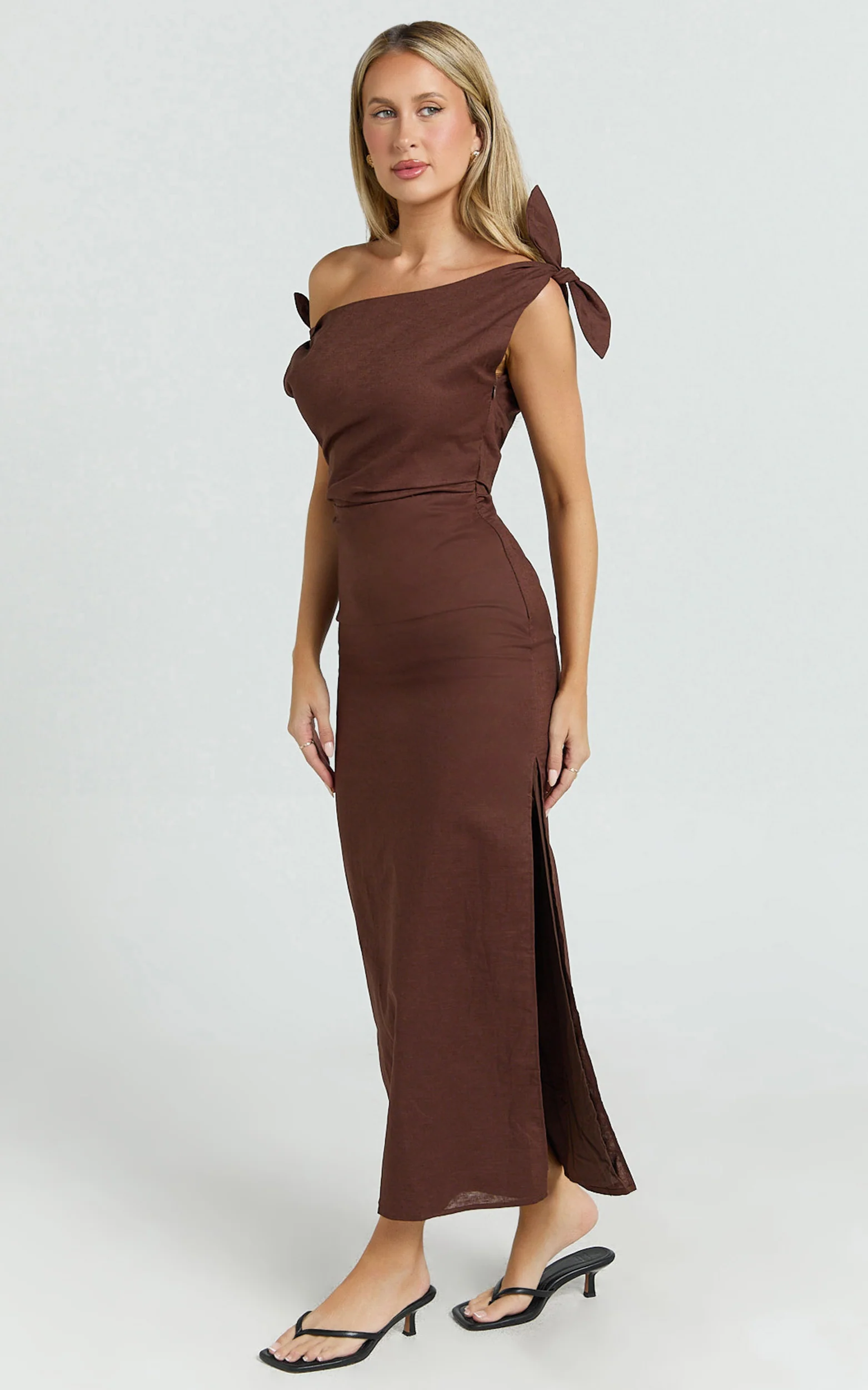 Cincinnati Midi Dress - Off The Shoulder Side Split Column Linen Dress in Chocolate - Image 6