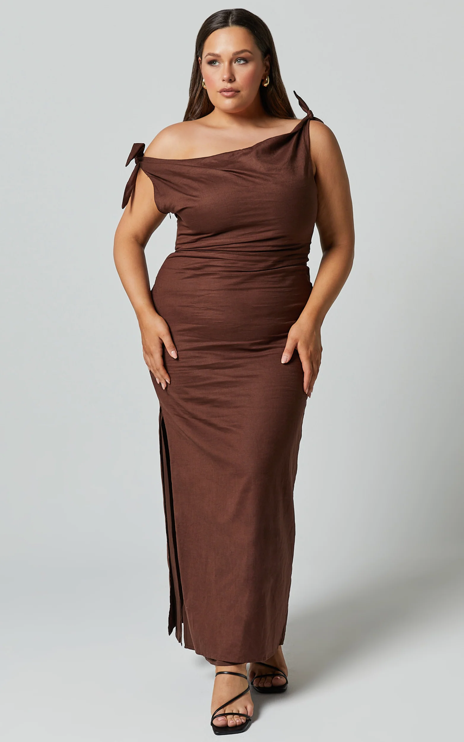 Cincinnati Midi Dress - Off The Shoulder Side Split Column Linen Dress in Chocolate - Image 9