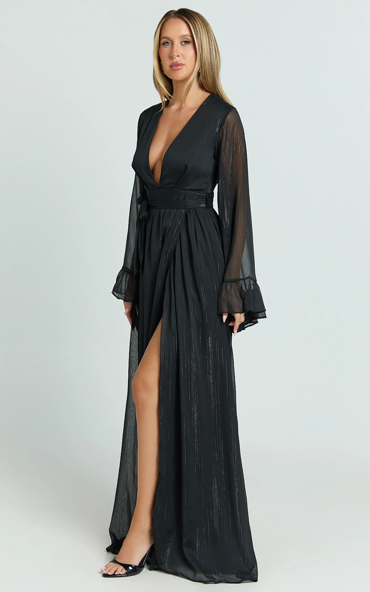Dangerous Woman Maxi Dress - Plunge Thigh Split Dress in Black - Image 3