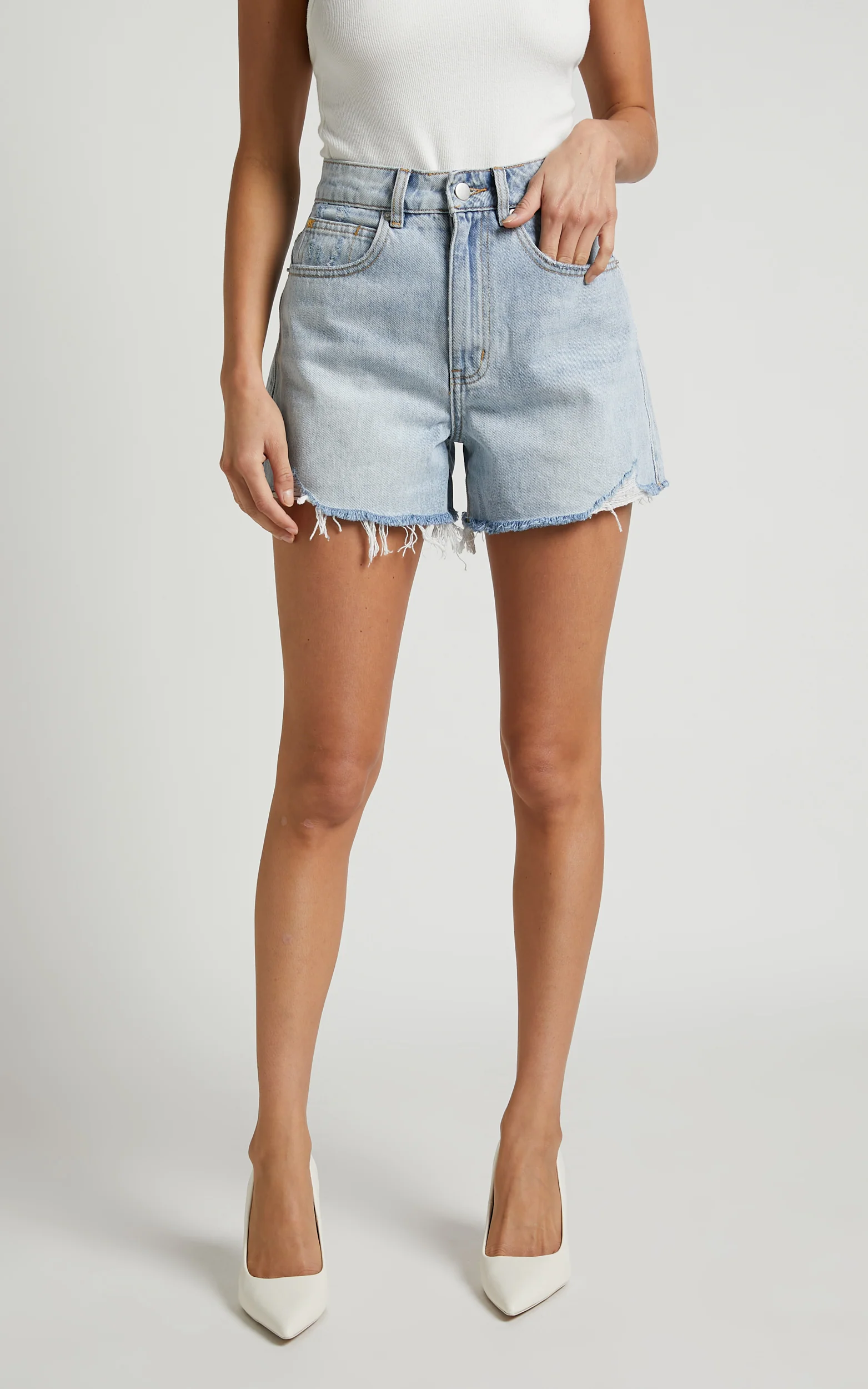 Eloisa Shorts - Recycled Cotton Raw Hem Denim Shorts in Mid Blue Wash - Image 3