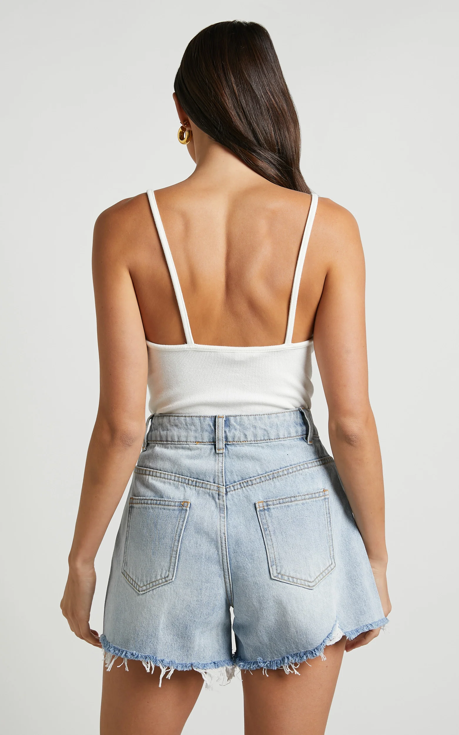 Eloisa Shorts - Recycled Cotton Raw Hem Denim Shorts in Mid Blue Wash - Image 7